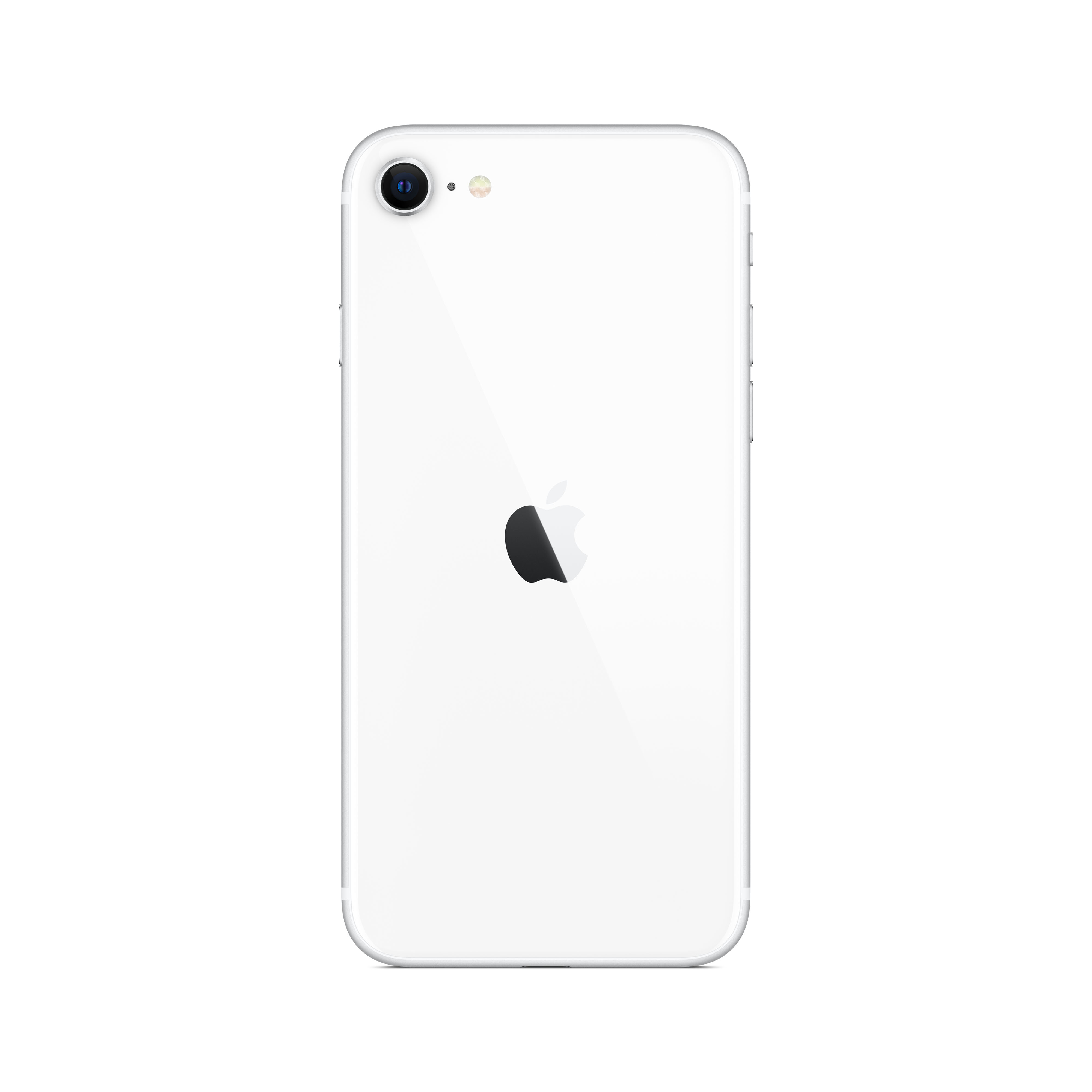 Biały iPhone z czarnym logo Apple, aparat z tyłu, na białym tle.