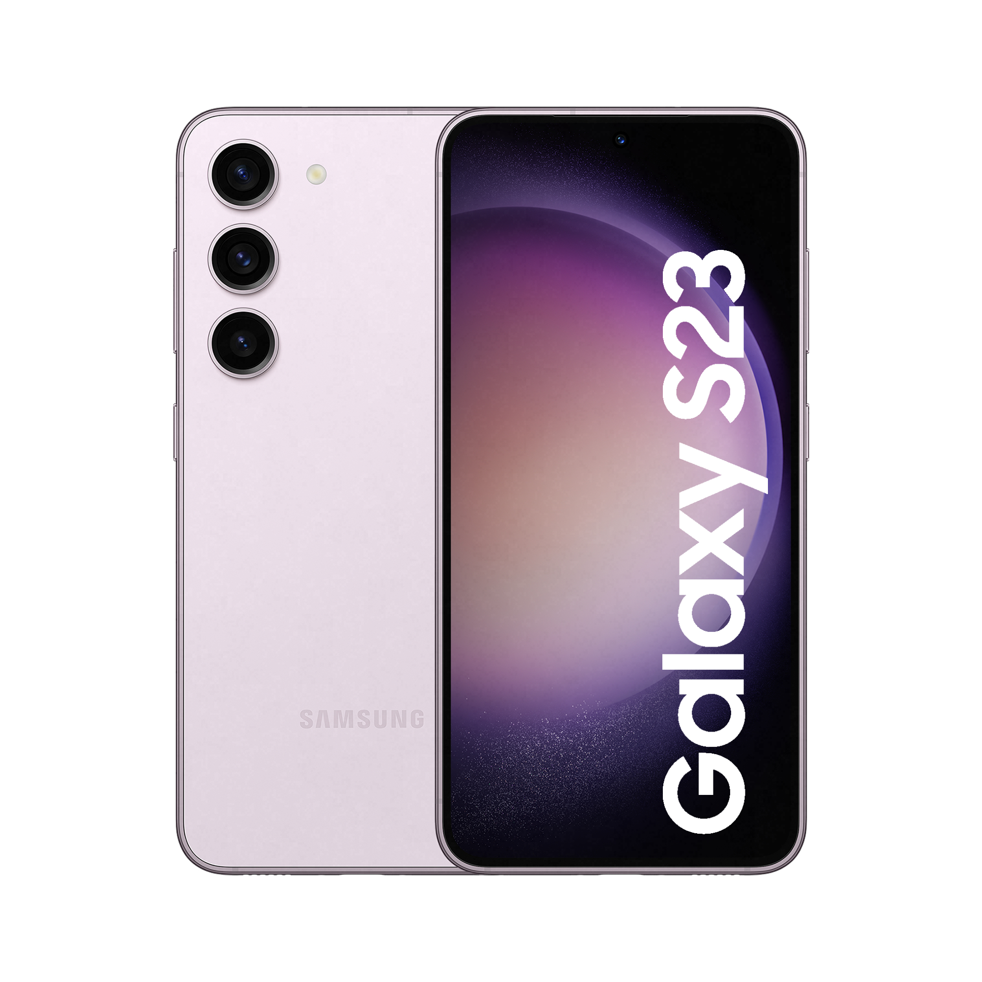 Arkada üç kamerası ve ekranda Galaxy S23 yazısı olan mor telefon.
