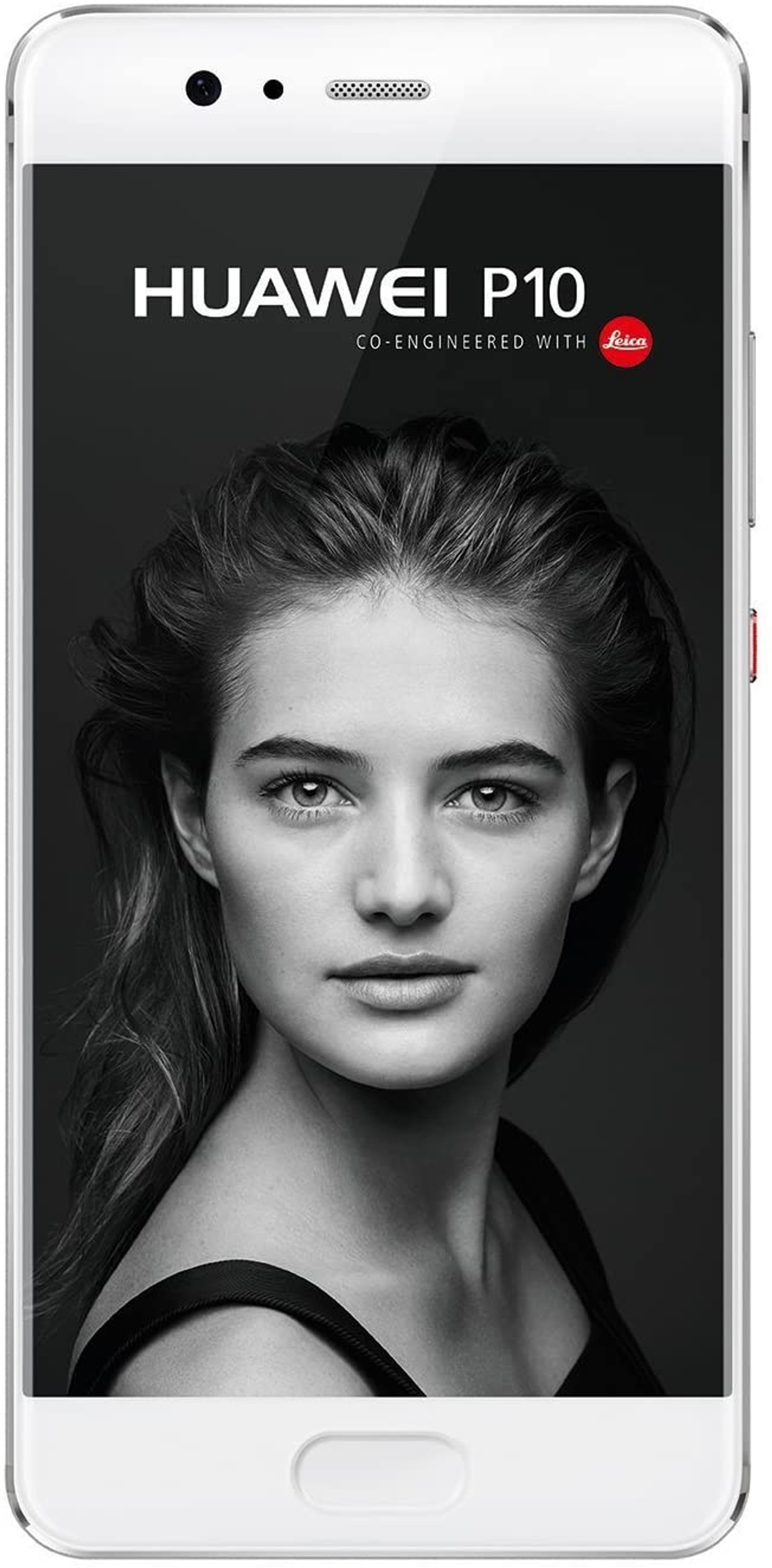 Smartphone bianco, lo schermo mostra un'immagine di donna in bianco e nero.