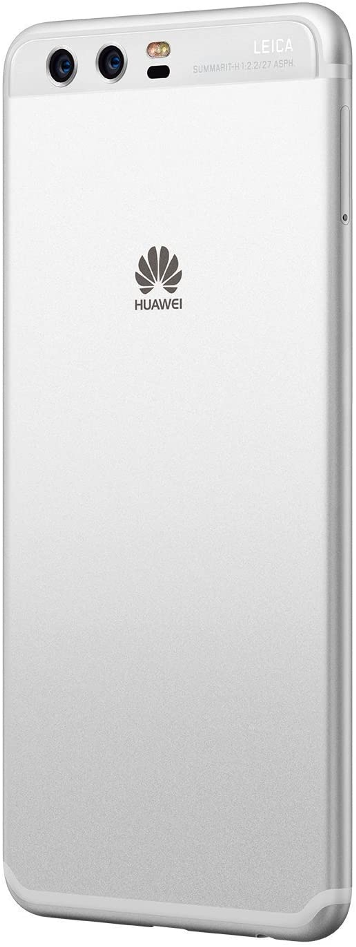 Il retro di uno smartphone argentato con due fotocamere e un logo Huawei.