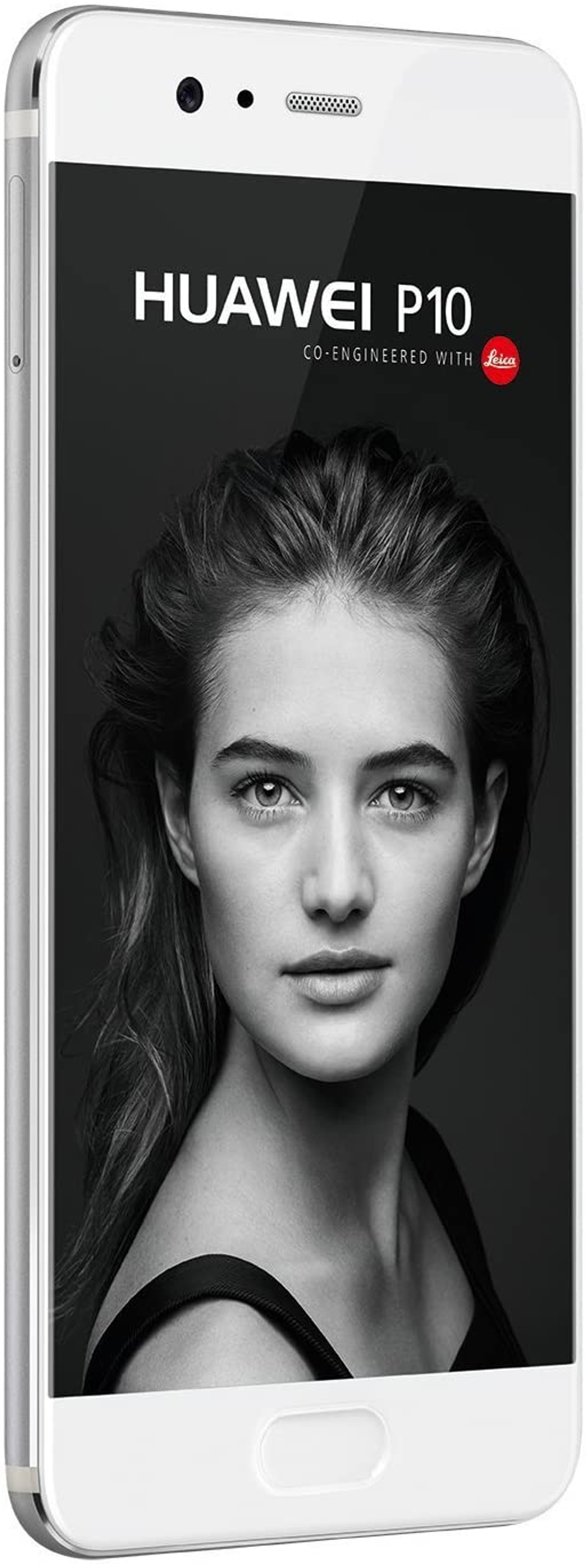 Smartphone bianco che mostra il volto di una donna. Il telefono ha un bordo argentato.
