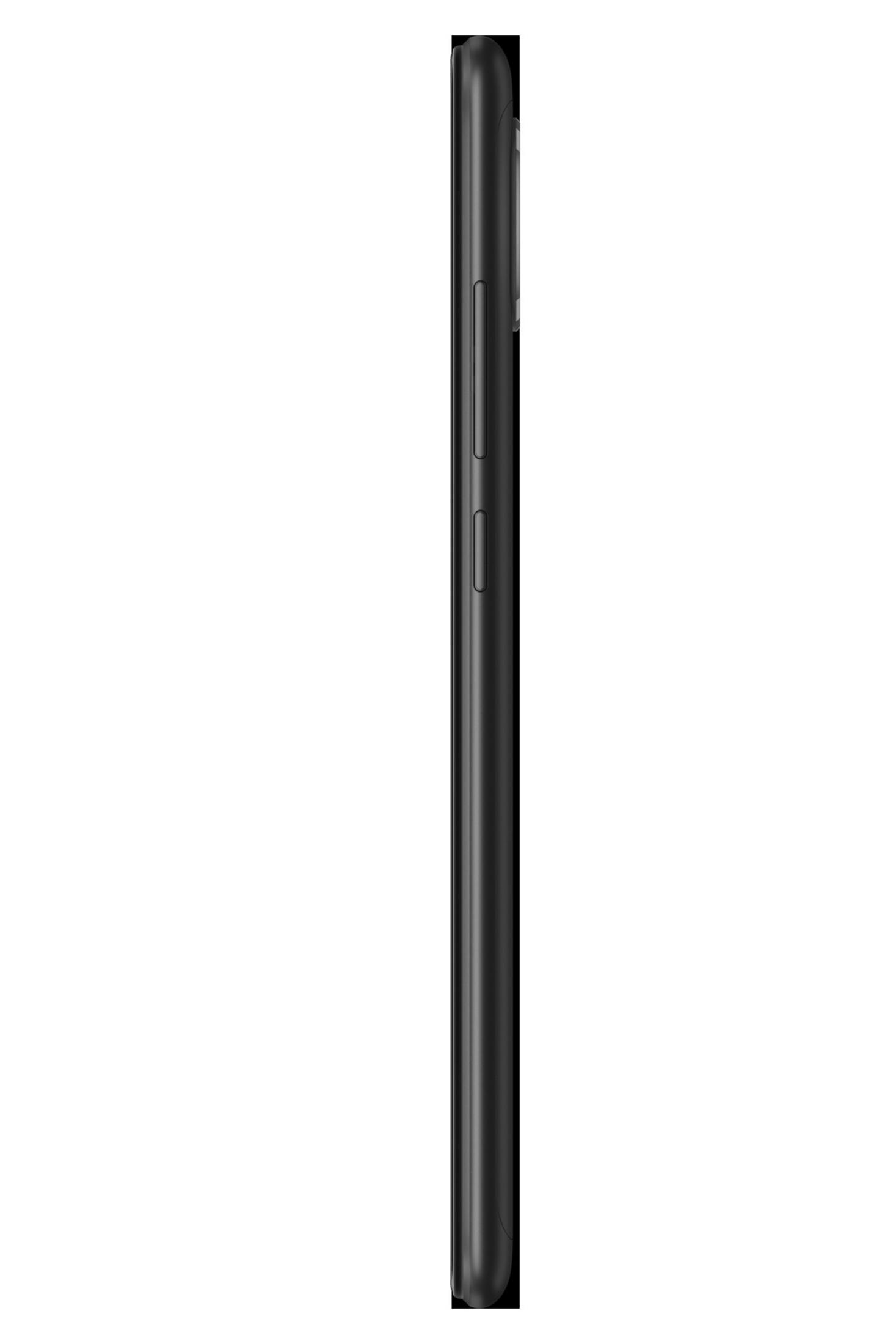 Schwarzes Smartphone Seitenansicht. Lautstärketasten sind sichtbar. Telefon vor weißem Hintergrund.