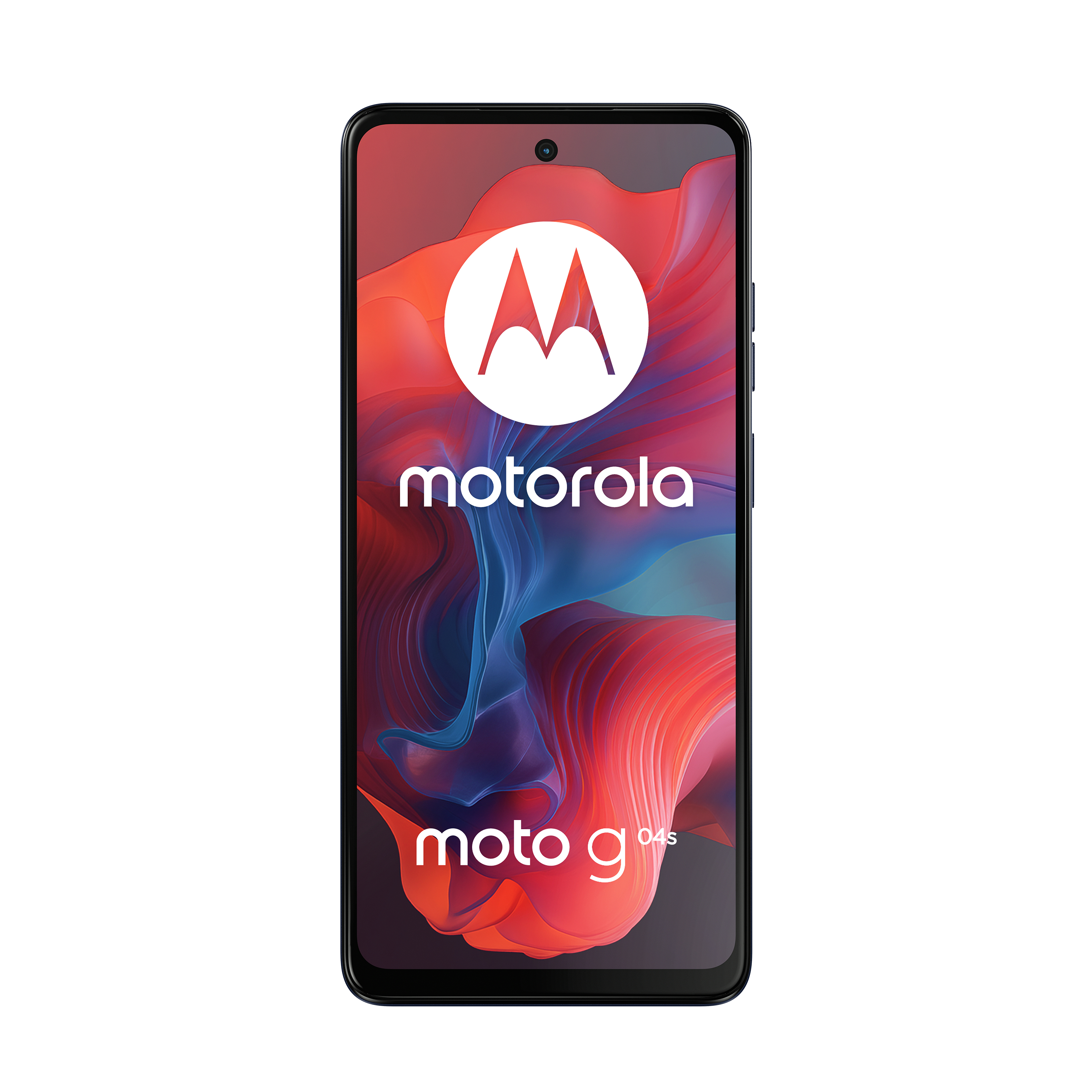 Telefon Motorola Moto G z logo Motorola na ekranie, na czerwonym tle.