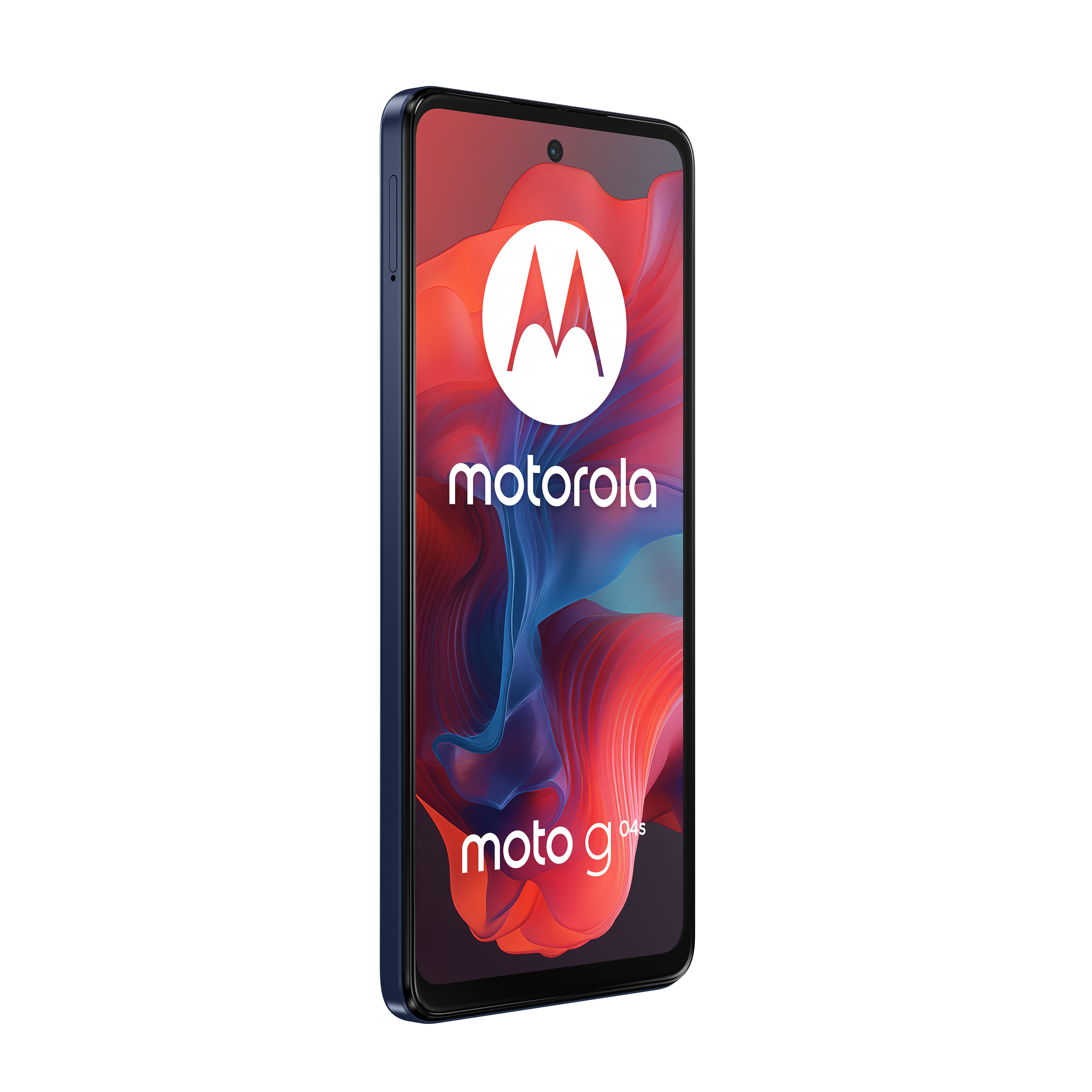 Niebieski telefon Motorola Moto G 04s. Ekran pokazuje czerwony i niebieski abstrakcyjny wzór. Białe tło.