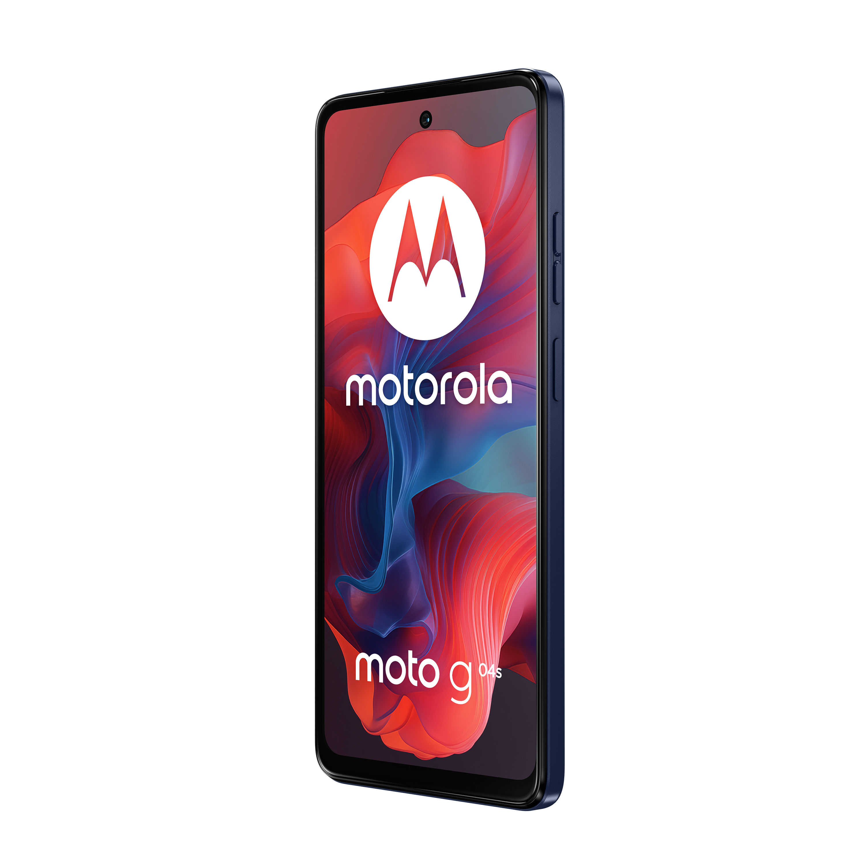 Czarny smartfon z czerwono-niebieskim ekranem wyświetlającym logo Motorola.
