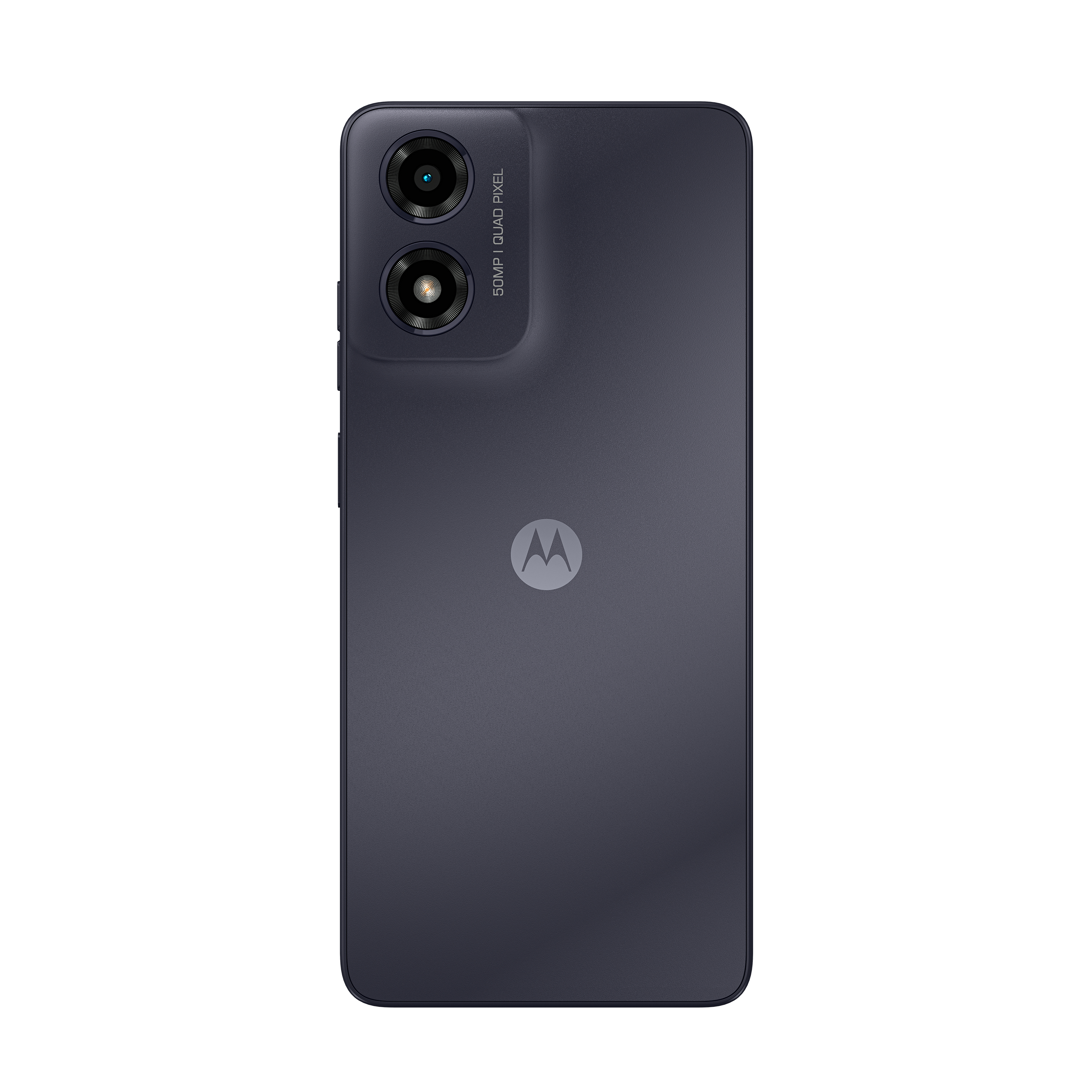 Tył ciemnoniebieskiego smartfona z dwoma aparatami i logo Motorola.