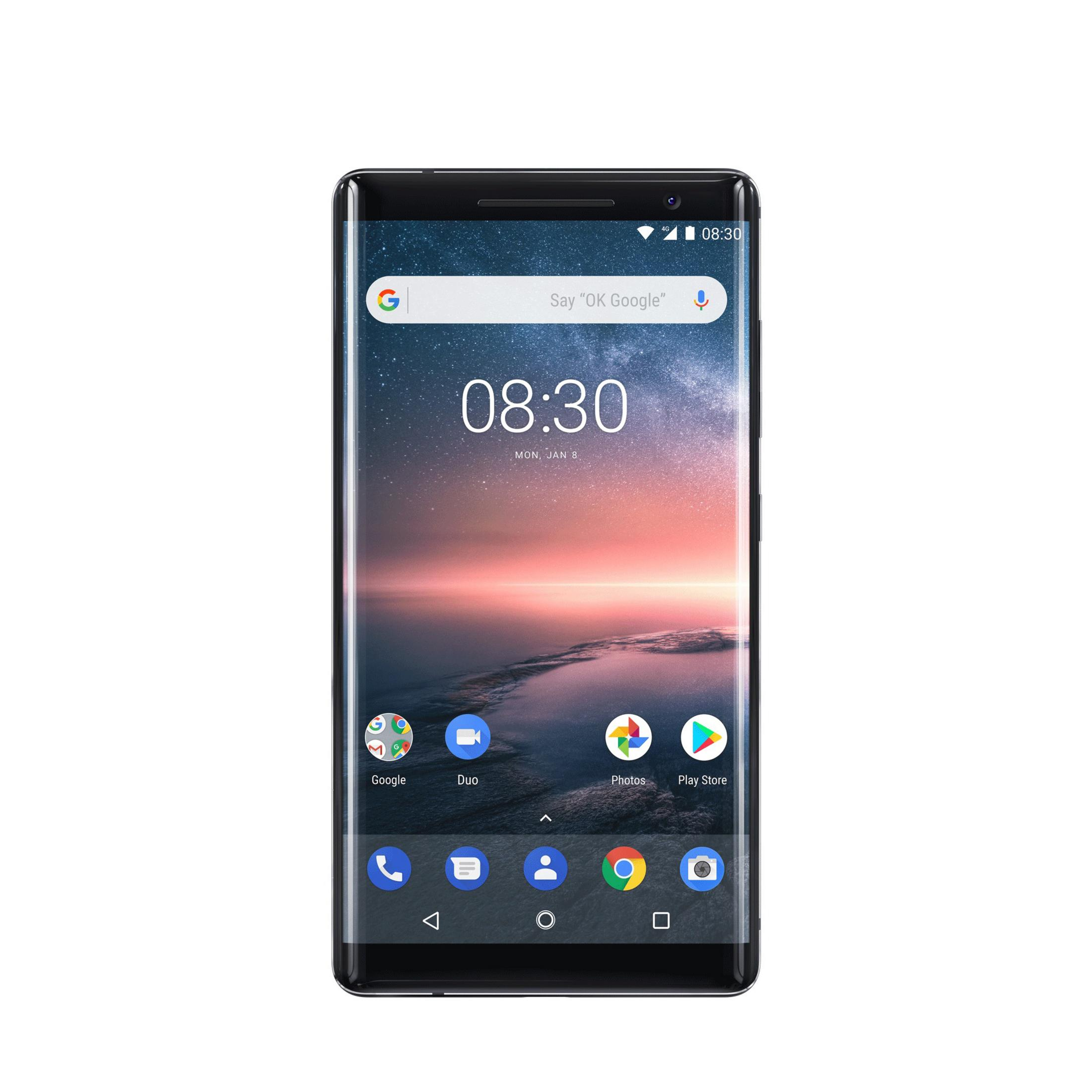 Schwarzes Smartphone, das die Uhrzeit und die Google-Suchleiste anzeigt. Das Display zeigt '08:30' und 'Mo 8. Jan'.