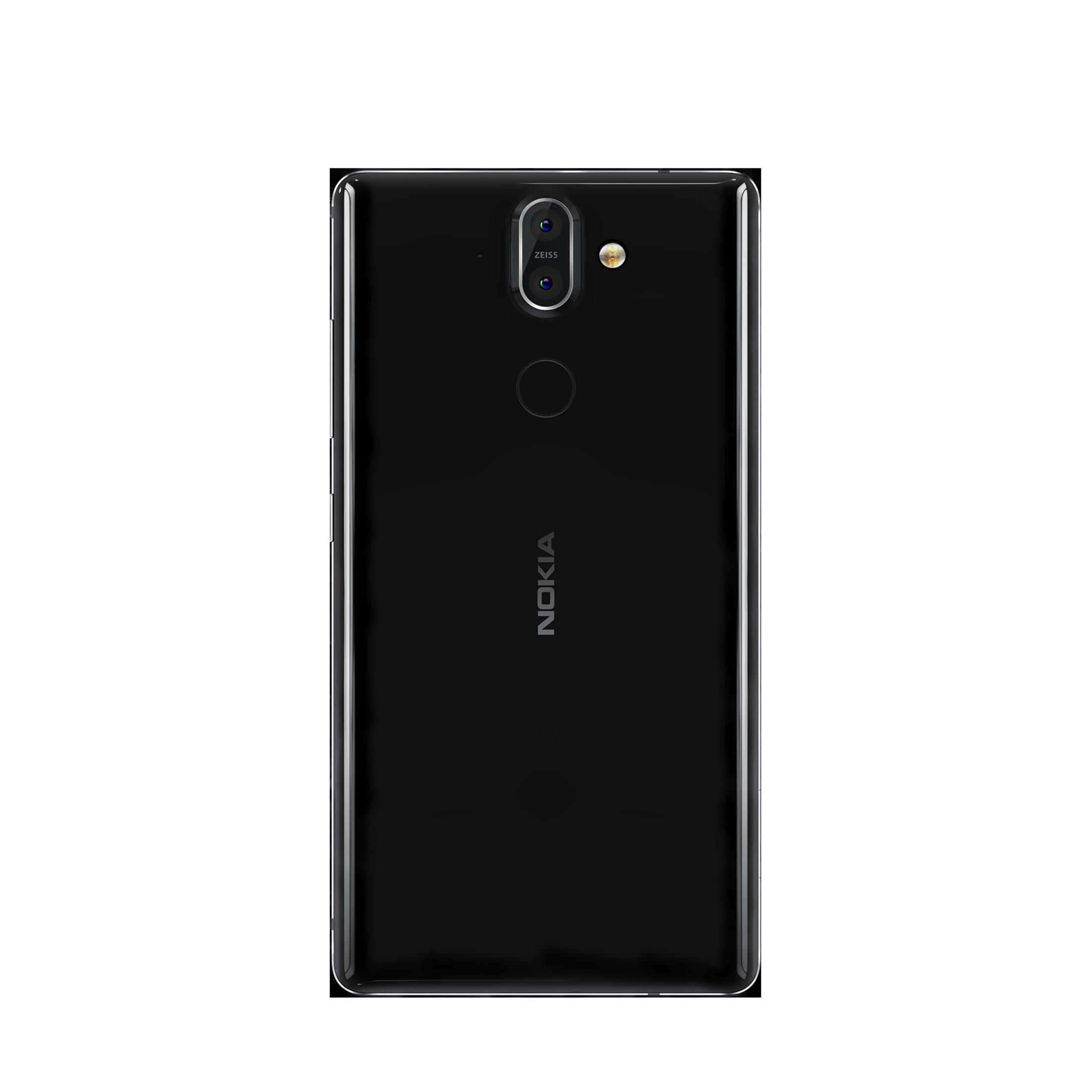 Ein schwarzes Telefon, Rückansicht, mit Dual-Kamera und Nokia-Logo.