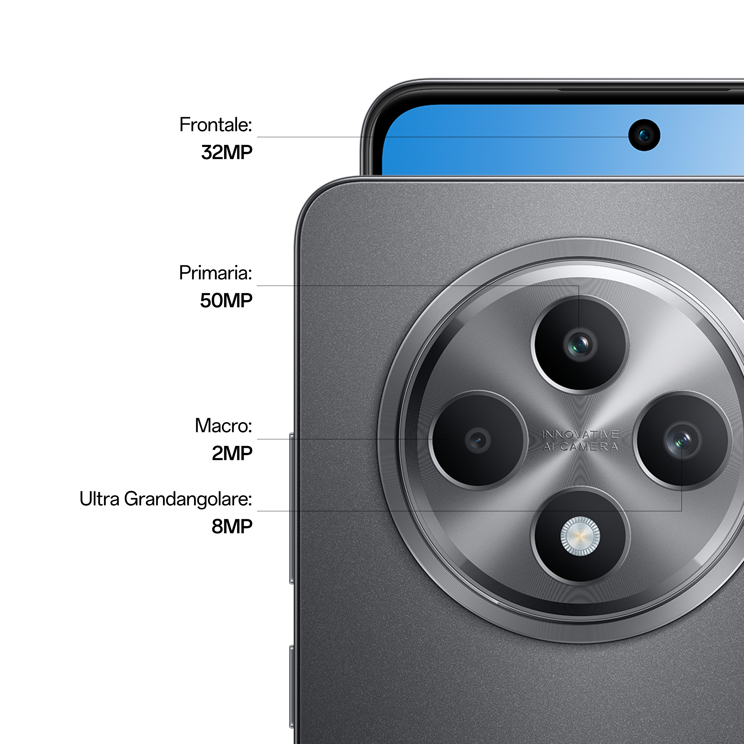 Zbliżenie na aparaty w telefonie i ich specyfikacje: 32MP z przodu, 50MP główny, 2MP makro, 8MP ultraszerokokątny.