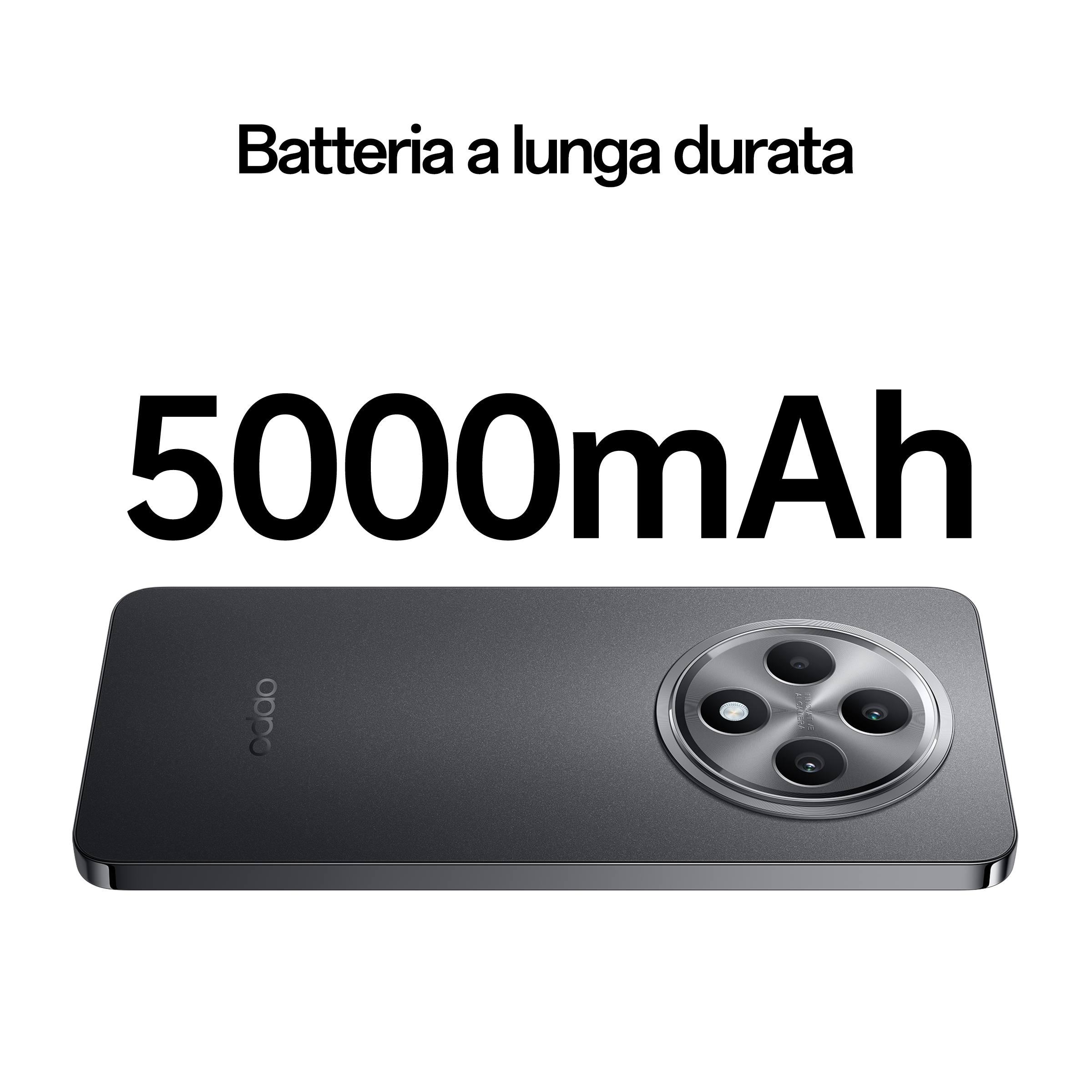 Czarny telefon z dużym modułem aparatu, tekst '5000mAh', na białym tle.