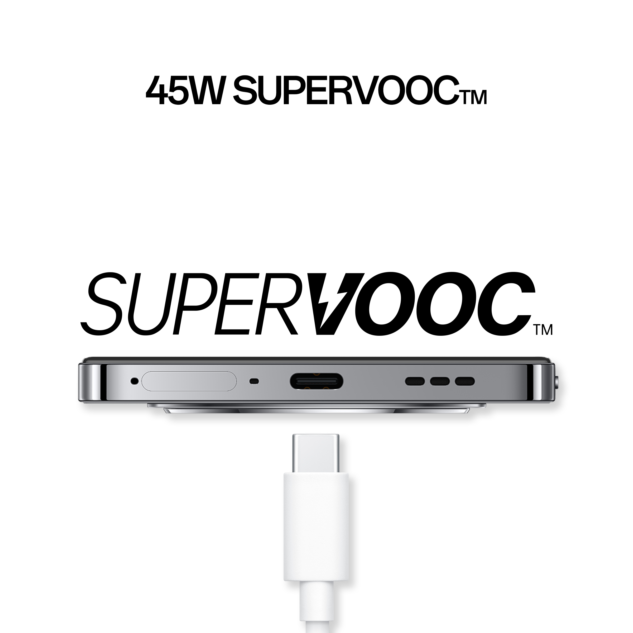 Telefon ładujący się białym kablem. Tekst: 45W SUPERVOOC i SUPERVOOC.