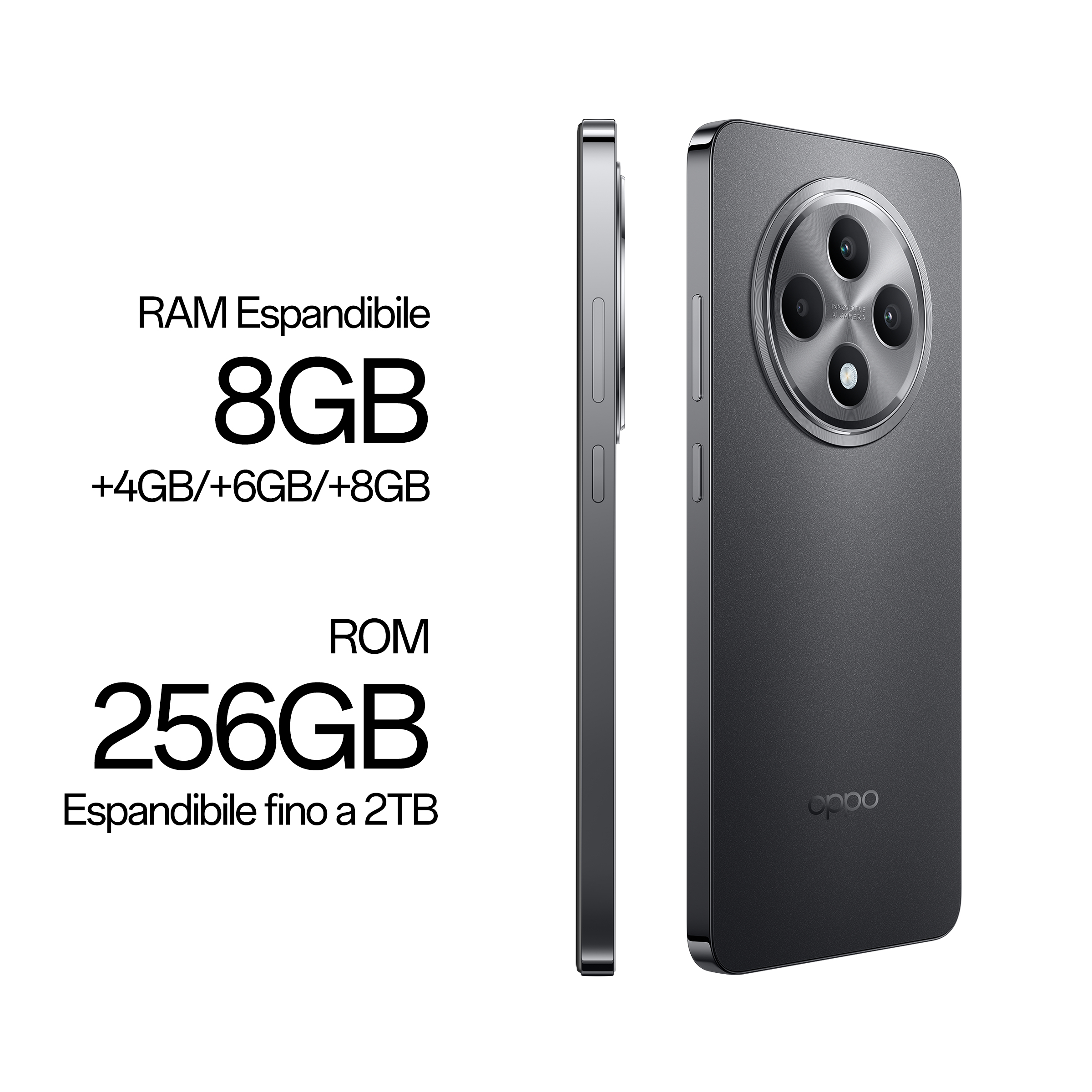 Smartfon prezentujący szczegóły rozszerzalnej pamięci RAM i ROM, z widokiem z boku i pod kątem.