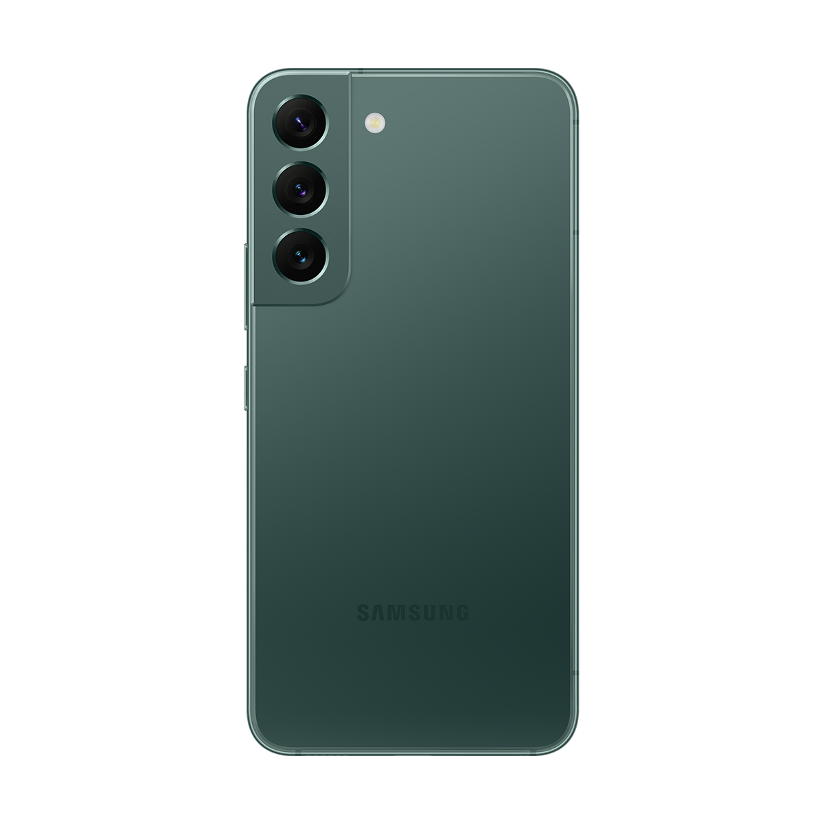 Yeşil akıllı telefon, arka görünüm. Üçlü kamera kurulumunu gösterir. Telefon koyu yeşil renktedir.