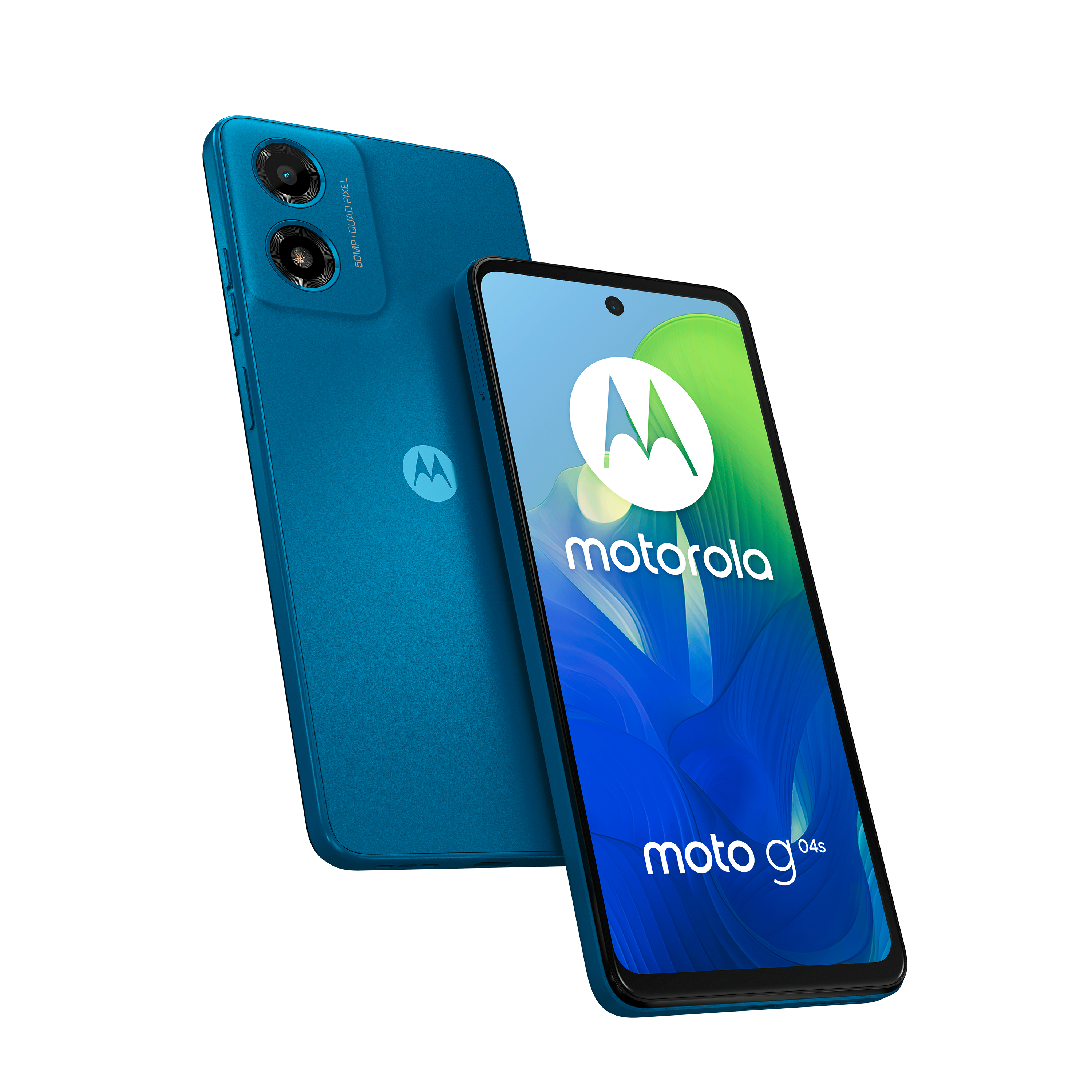 Blaues Motorola-Telefon auf weißer Oberfläche, ein weiteres Telefon lehnt dagegen.