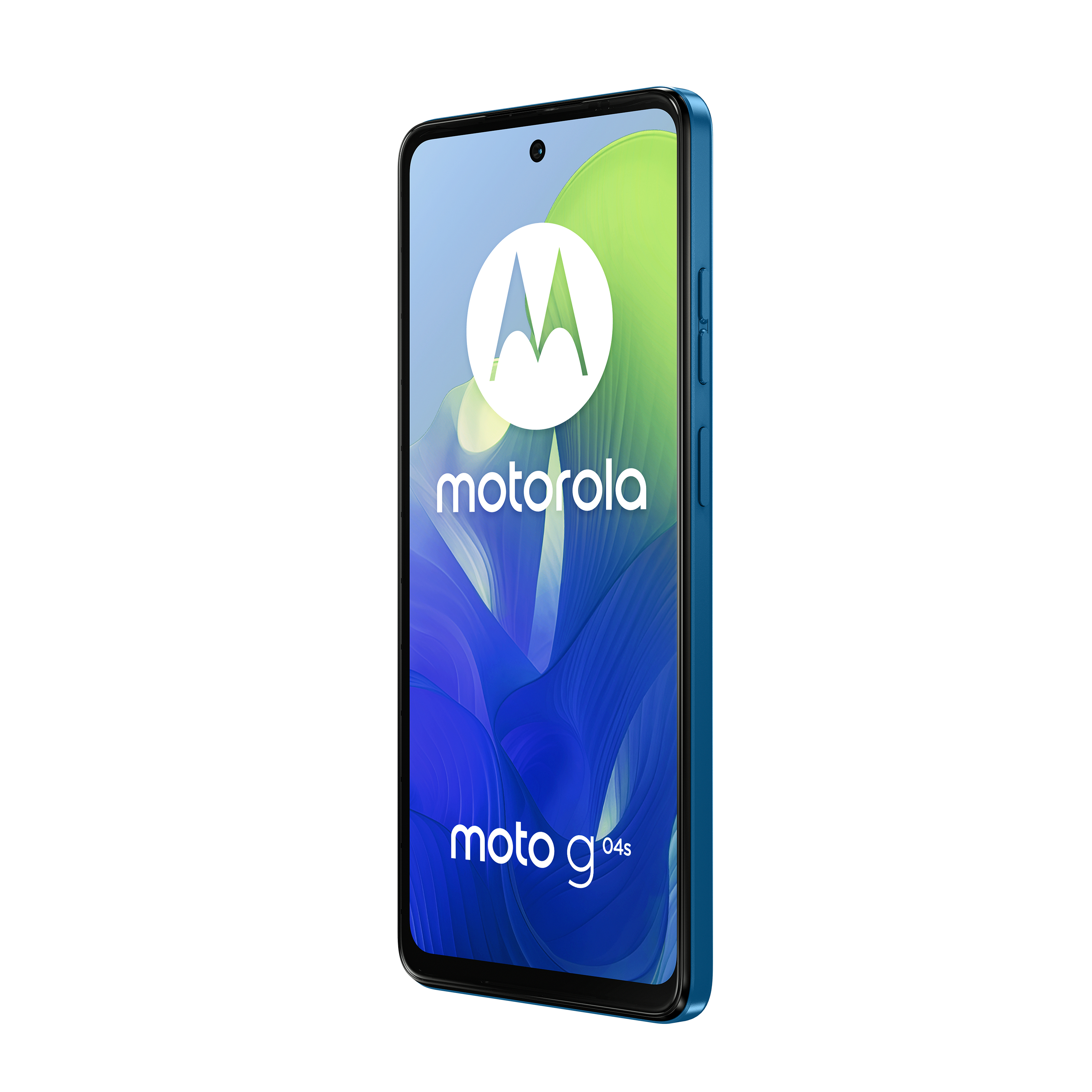 Blaues Motorola-Telefon mit Logo auf dem Bildschirm und dem Text moto g04s.