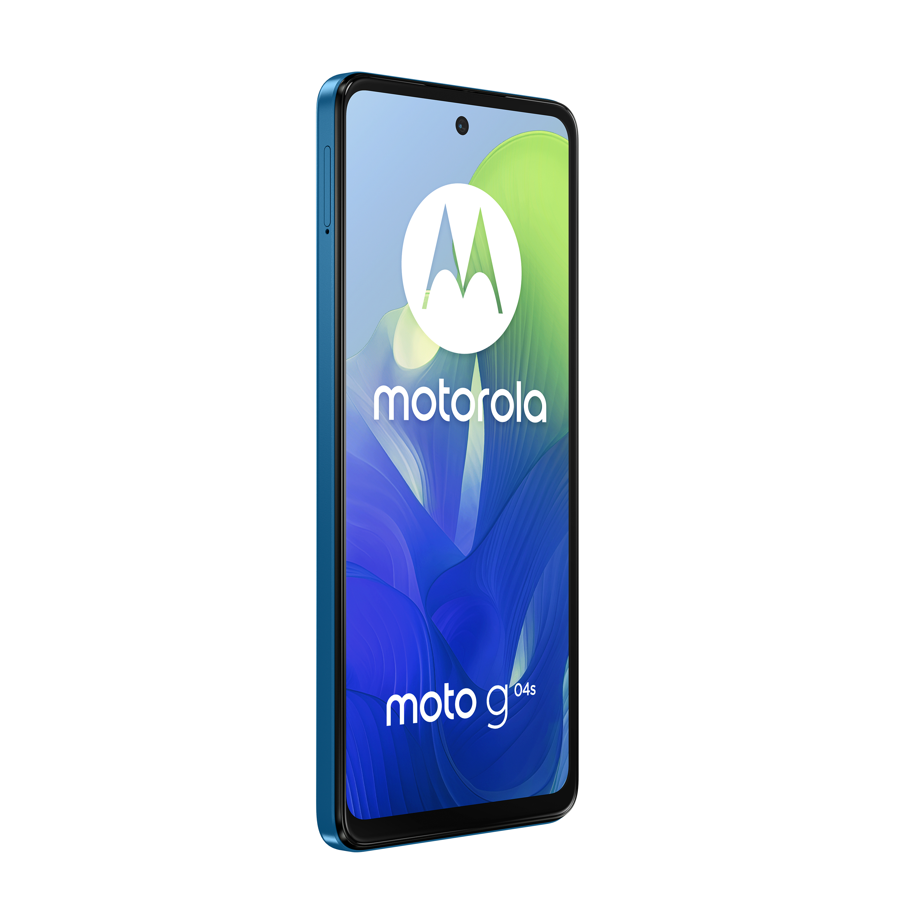 Motorola Moto G04s Telefon, blau, zeigt Frontbildschirm mit Logo, weißer Hintergrund.