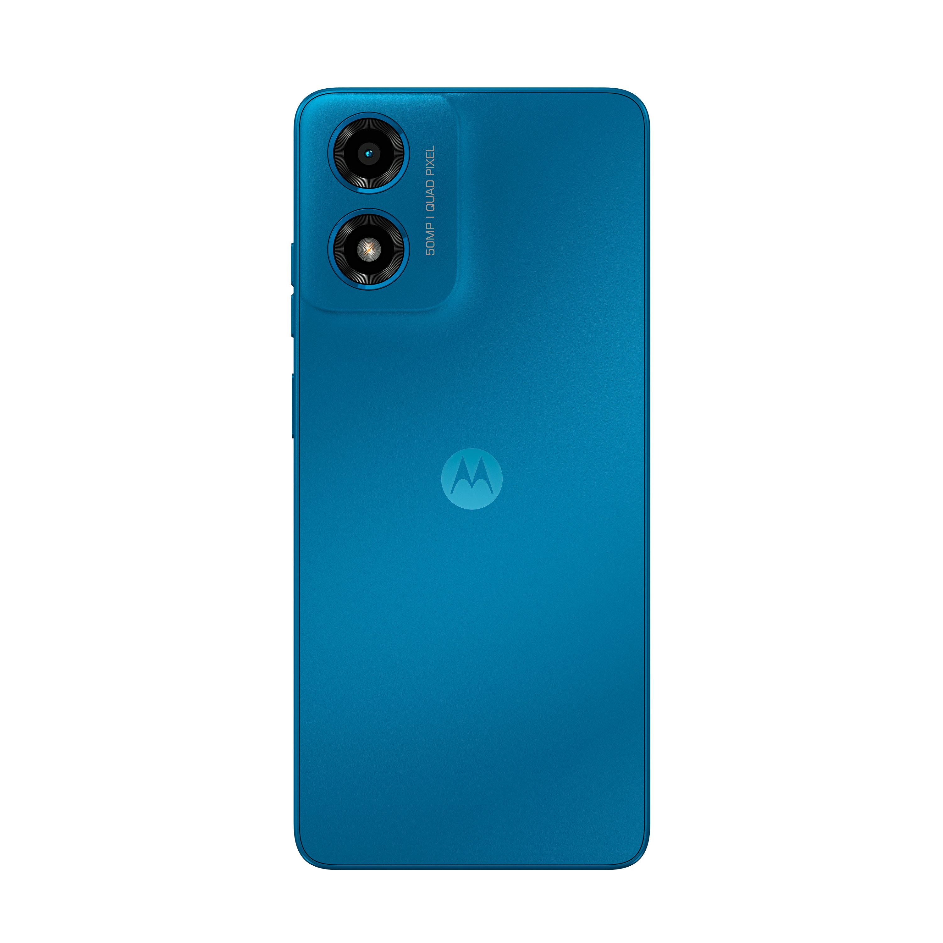 Blaue Smartphone-Rückseite mit Kameramodul, Motorola-Logo und Text.