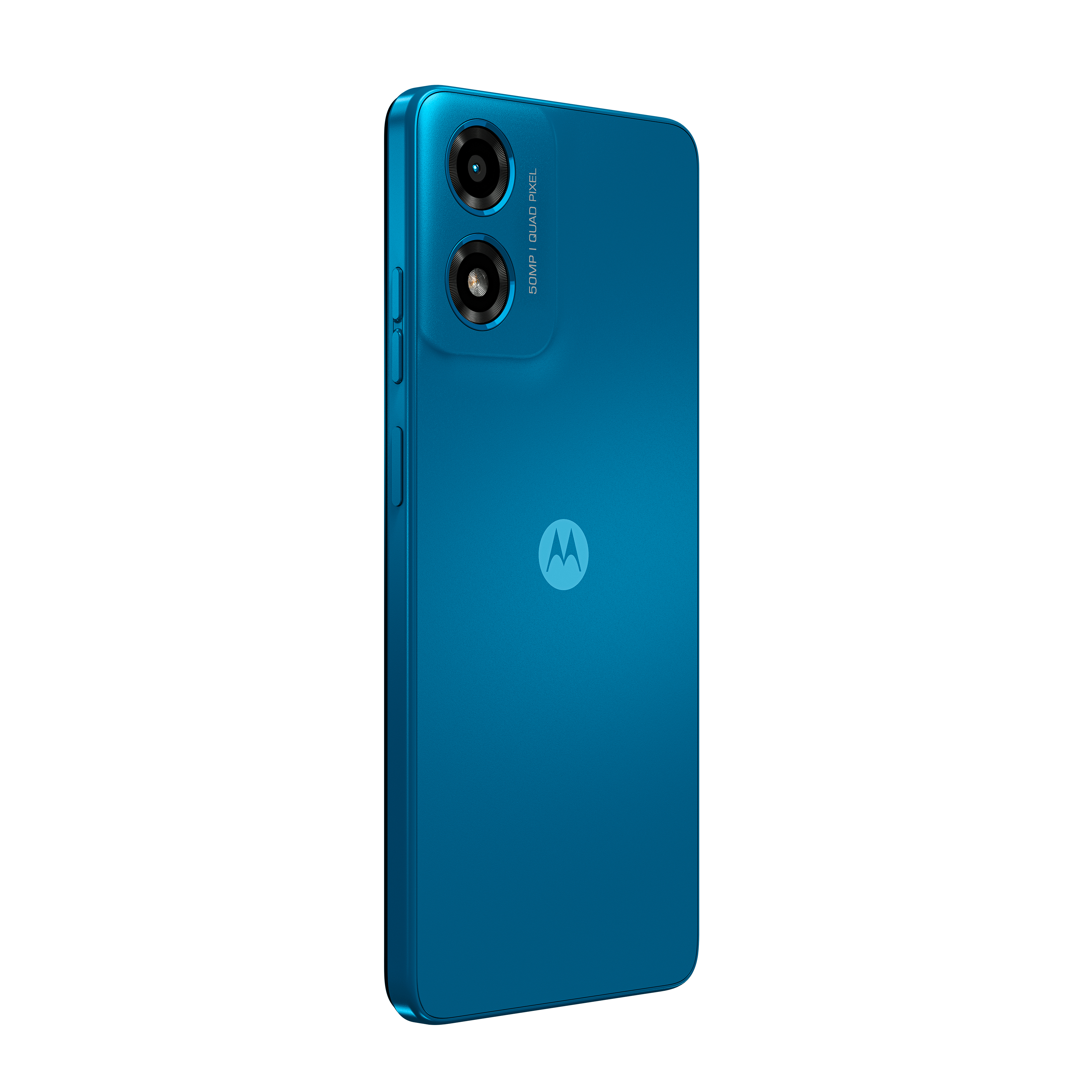Blaues Smartphone mit zwei Kameralinsen und einem Motorola-Logo auf der Rückseite.