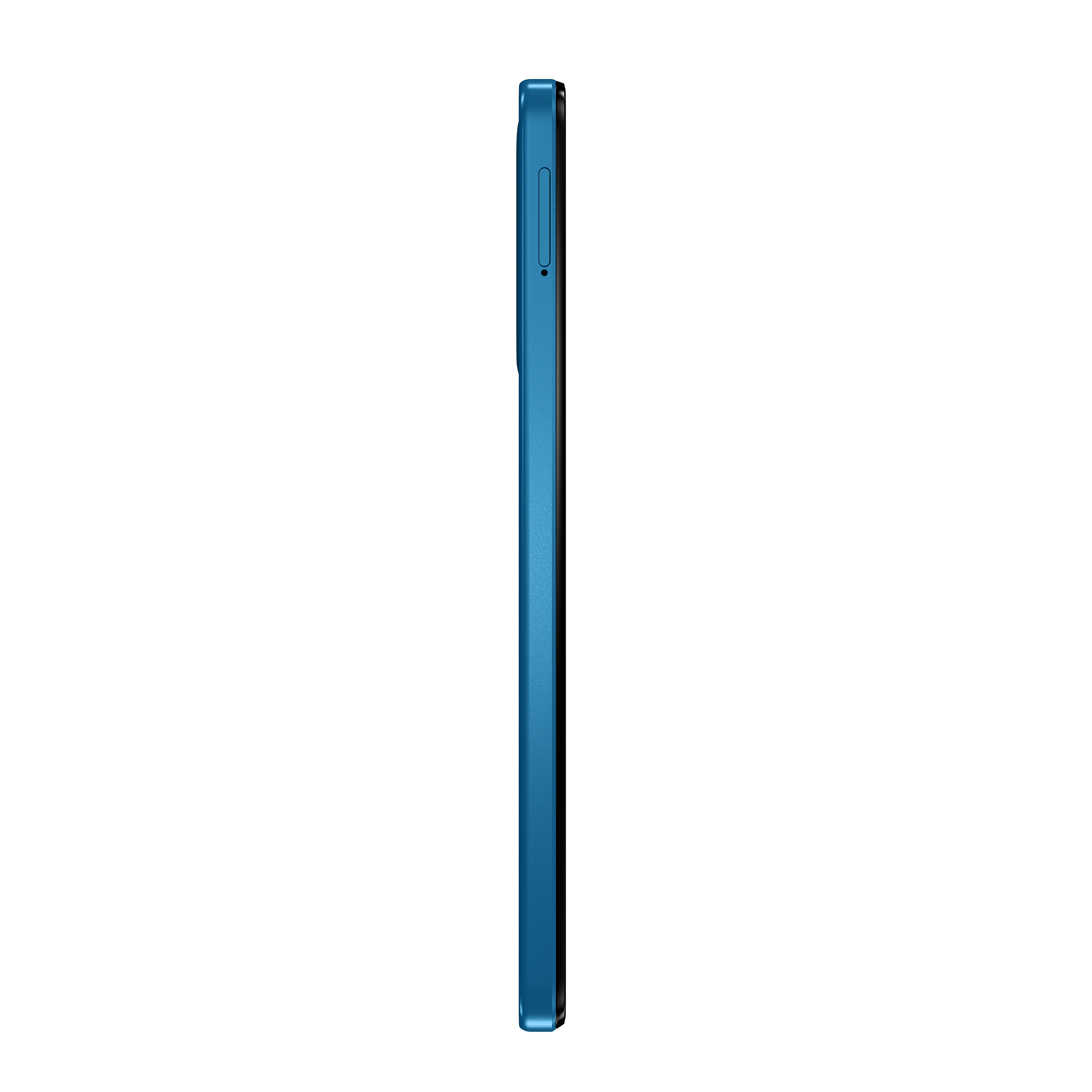 Blaues Smartphone, Seitenansicht, zeigt die Seitentasten. Weißer Hintergrund, sauber und einfach.