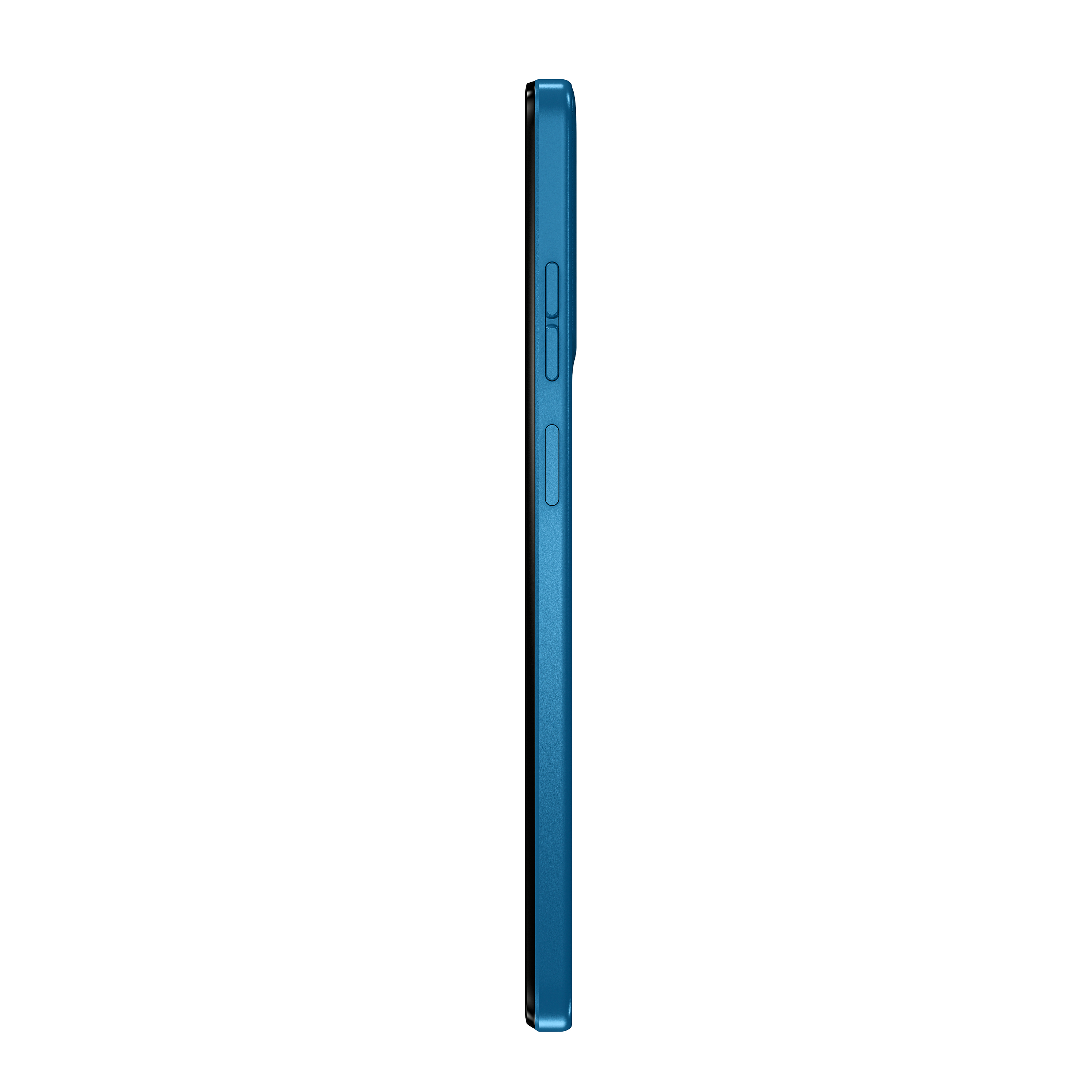 Blaues Smartphone, Seitenansicht, zeigt Knöpfe und ein glattes Design.