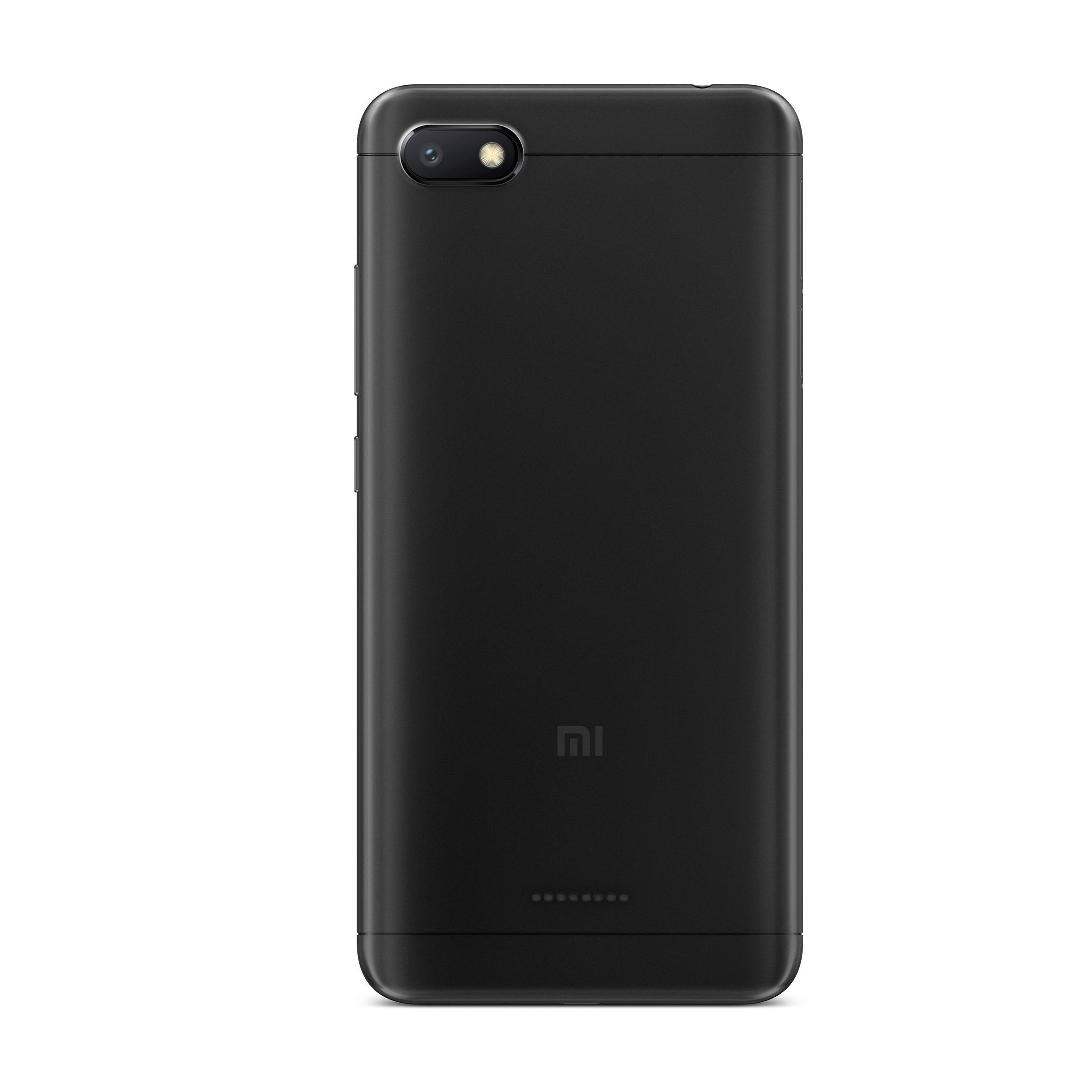 Schwarzes Smartphone mit Kamera und 'MI'-Logo auf der Rückseite, vor weißem Hintergrund.