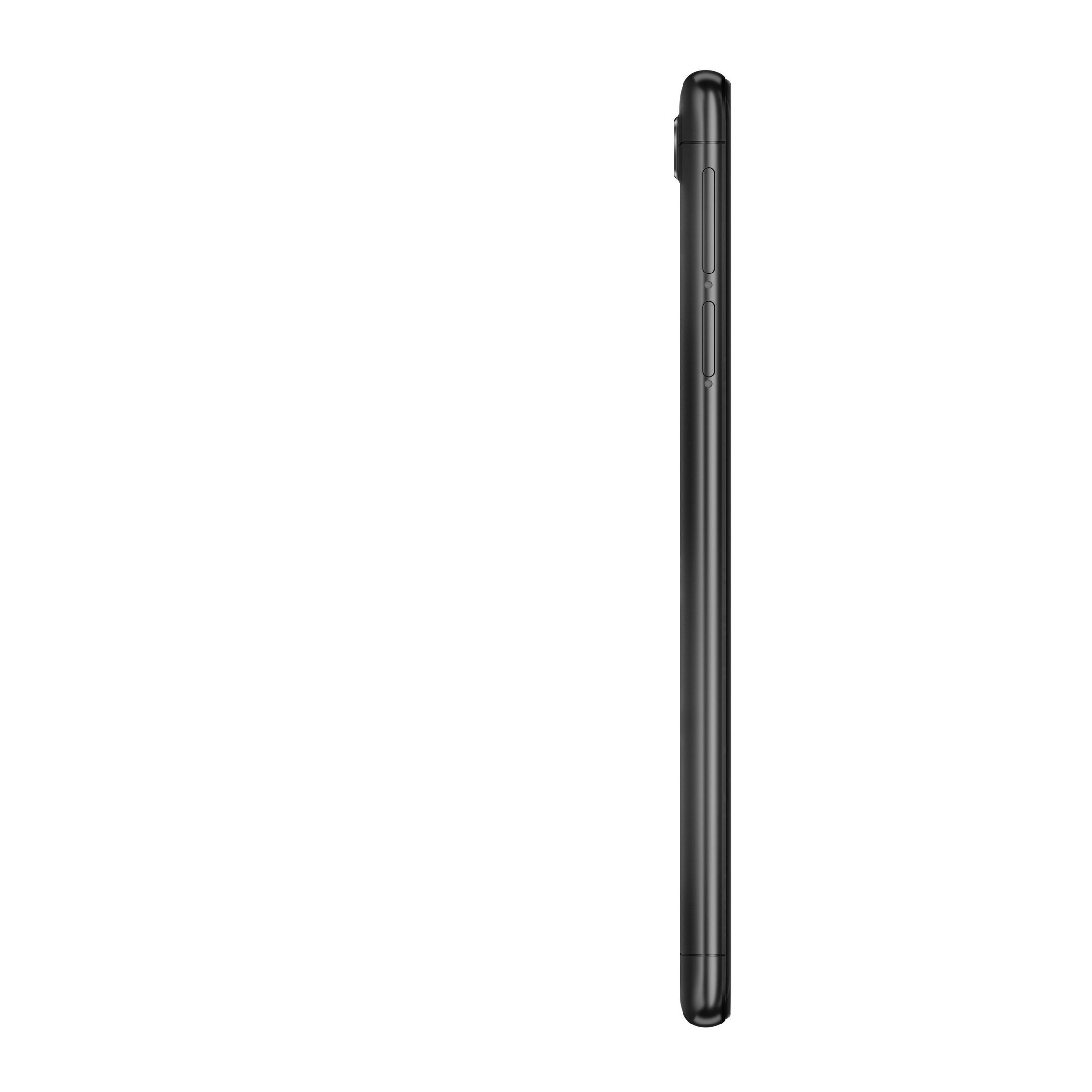 Seitenansicht eines schwarzen Smartphones mit Lautstärketasten und schlankem Design auf weißem Hintergrund.
