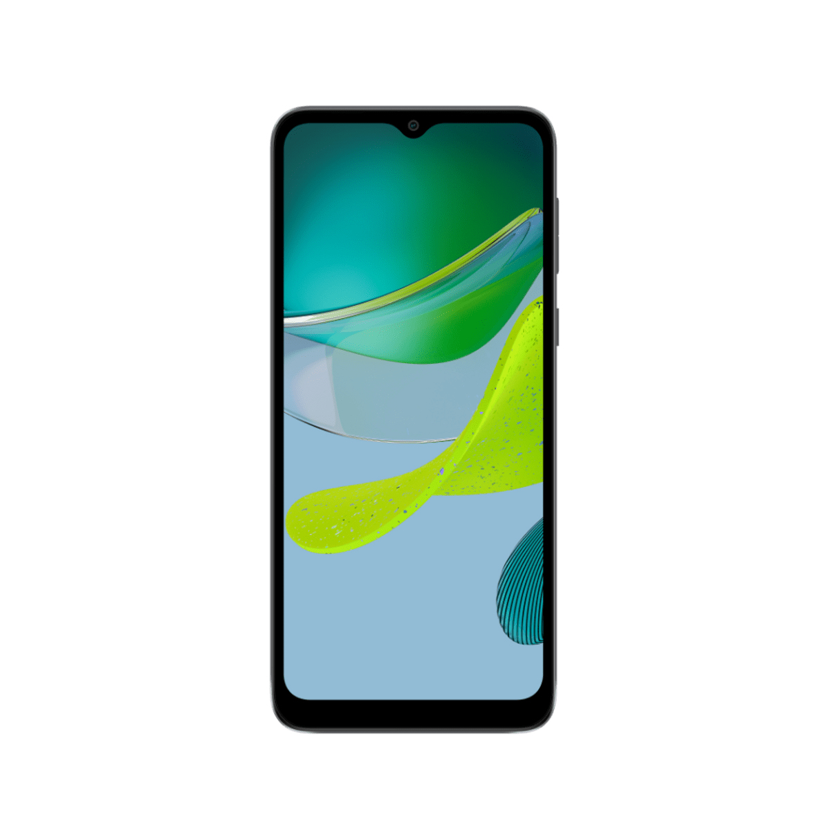 Smartfon z ekranem wyświetlającym abstrakcyjny wzór w kolorach niebieskim i zielonym. Białe tło.