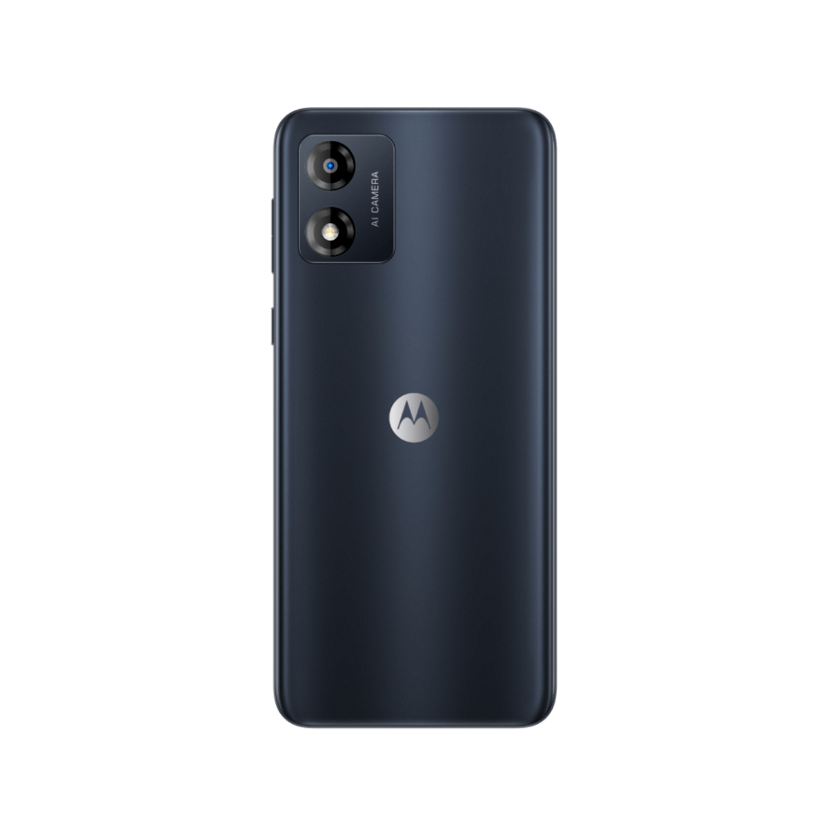 Tył granatowego smartfona Motorola. Ma podwójny aparat i logo Motorola.