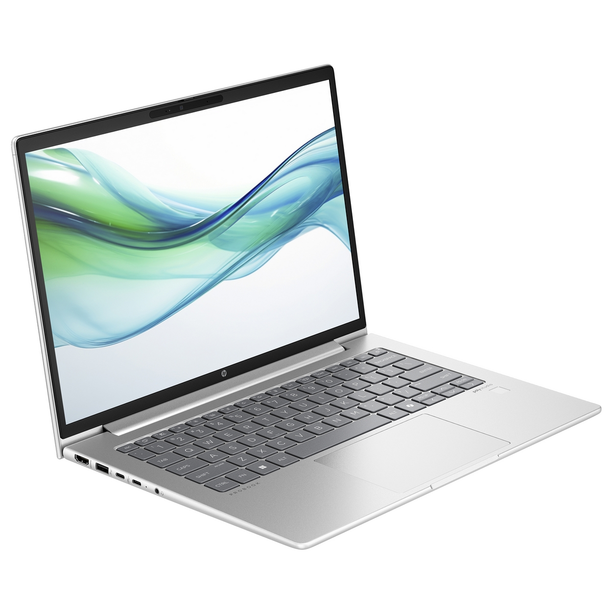 Un laptop argentato con uno schermo che mostra onde verdi e blu. La tastiera è visibile.