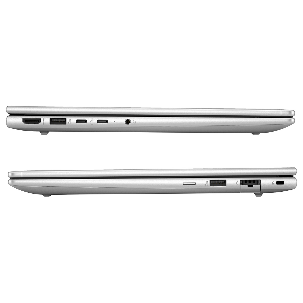 Due viste laterali di un laptop argentato, che mostrano porte e profili laterali. Sfondo bianco.