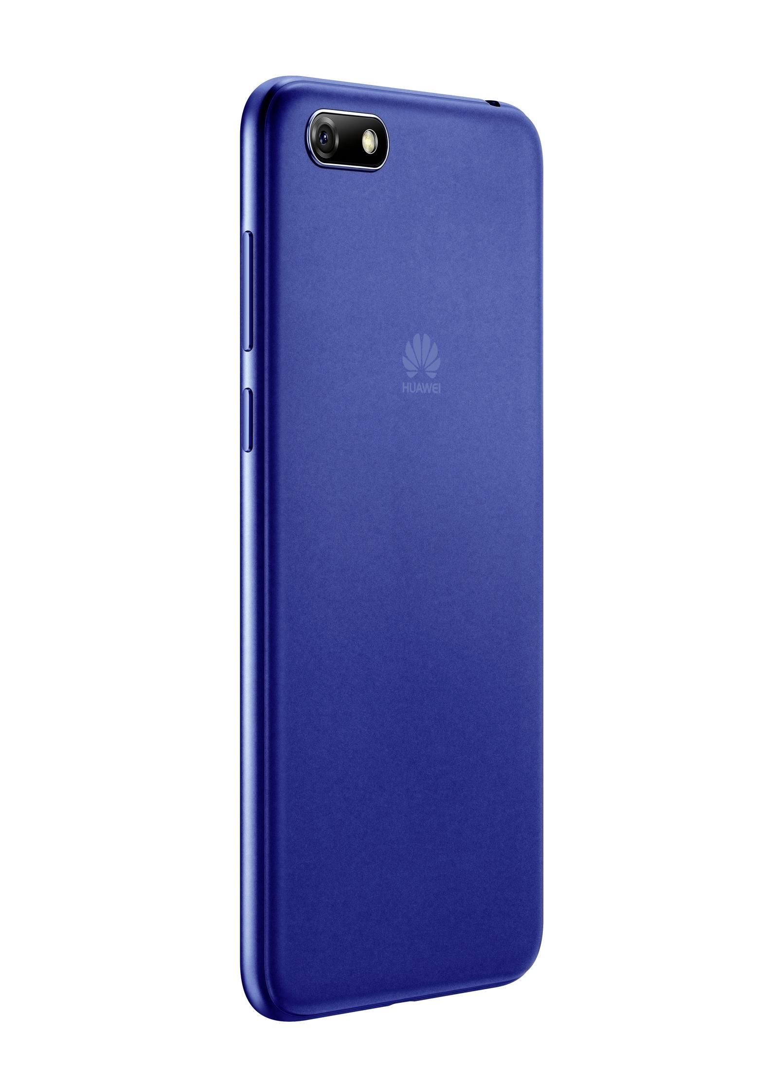 Ein blaues Huawei-Telefon wird von der Rückseite gezeigt, mit Kamera und Logo.