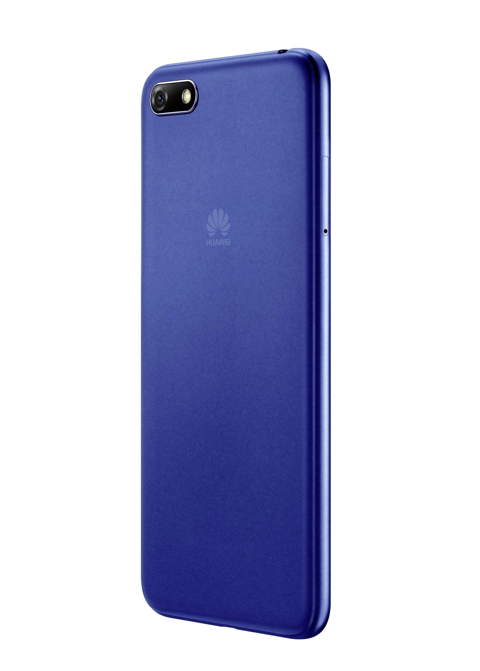 Die Rückseite eines blauen Smartphones. Das Huawei-Logo und die Kamera sind sichtbar.