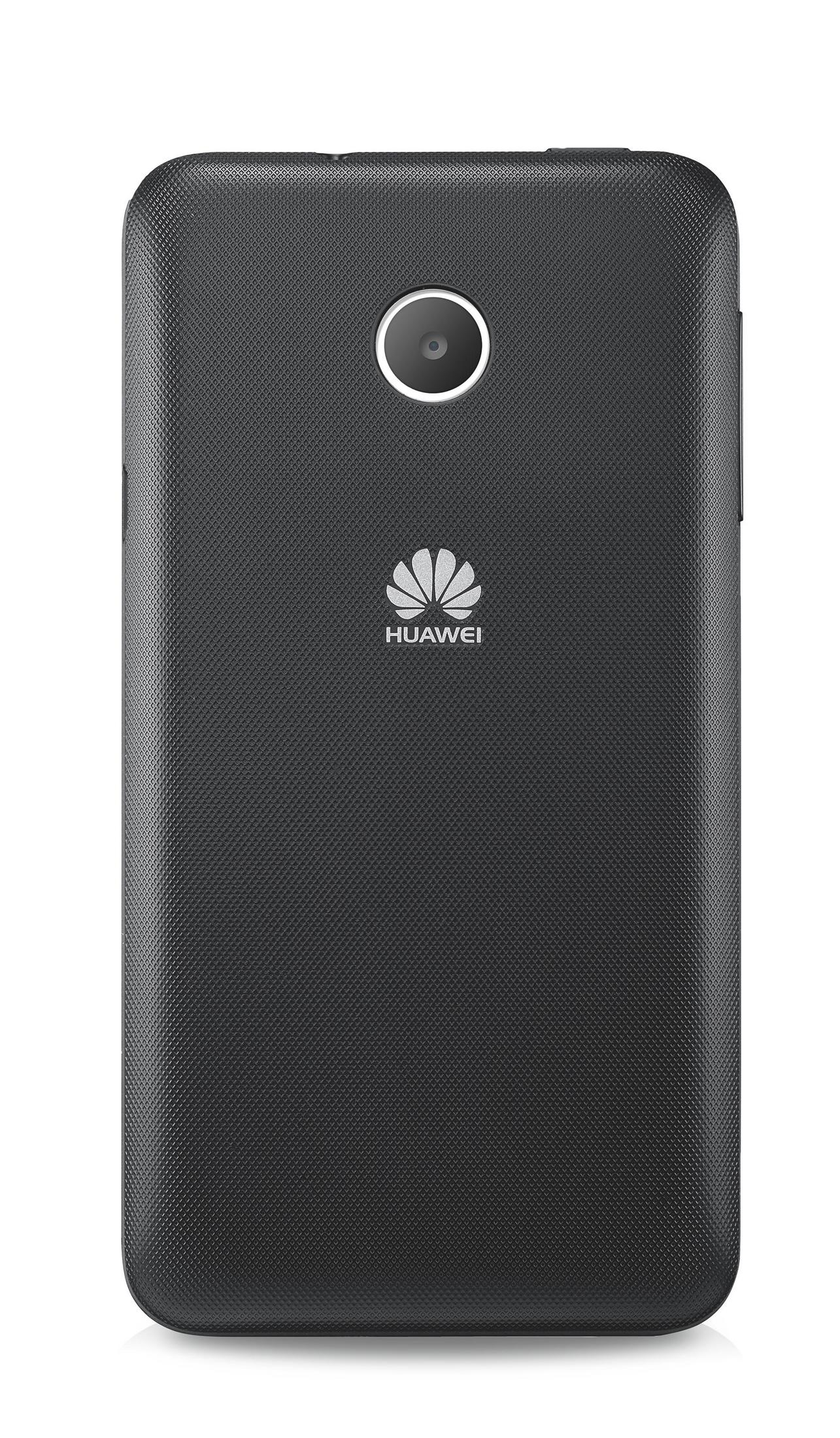 Die Rückseite eines schwarzen Telefons mit einer Kamera und dem Huawei-Logo. Weißer Hintergrund.