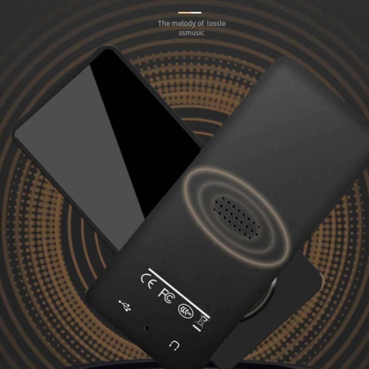 Schwarzer Audioplayer mit Lautsprechern, Text. Brauner Hintergrund mit Punkten.