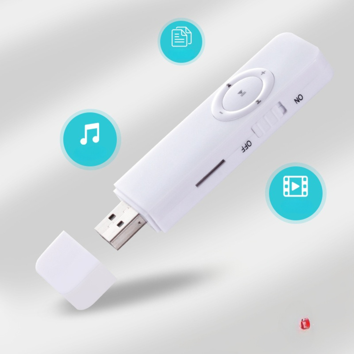 Weißer USB-Stick mit Knöpfen und Kappe. Drei Symbole umgeben ihn. Heller Hintergrund.