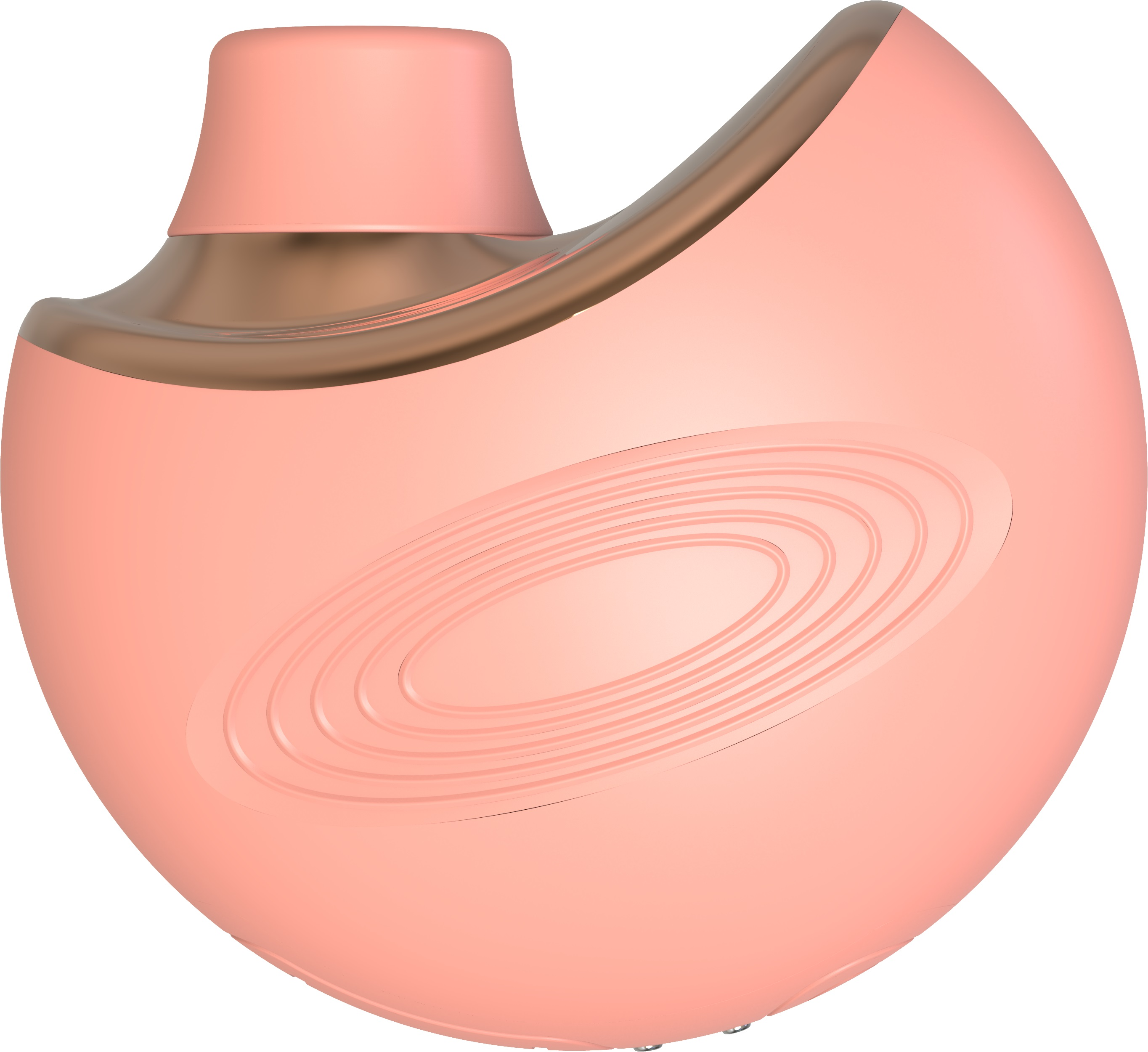 Nahaufnahme eines rosa, eiförmigen Schönheitsgeräts mit goldener Zierleiste und konzentrischen Kreisen.