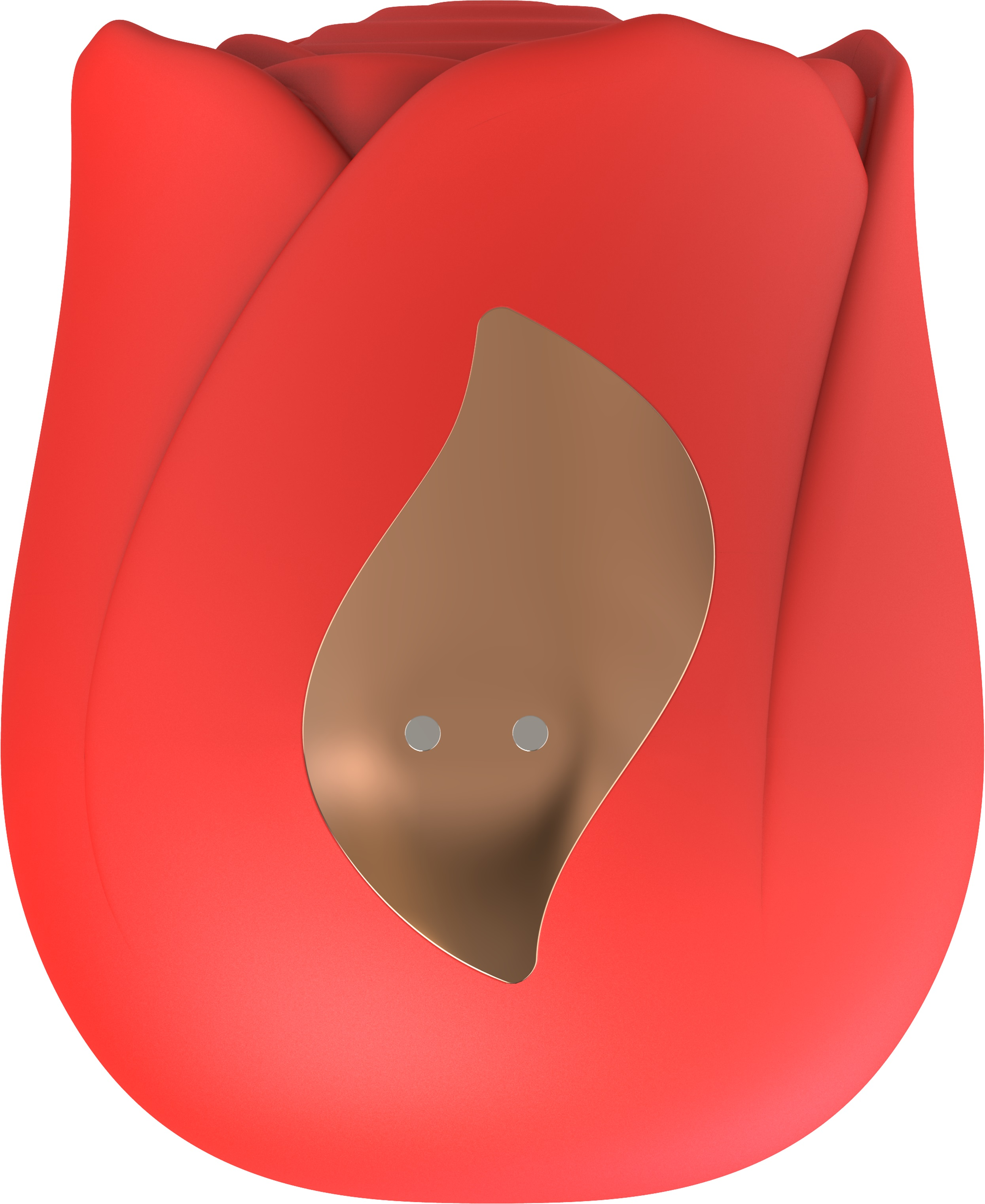 Czerwona zabawka erotyczna w kształcie róży z metalowym środkiem i dwoma guzikami.