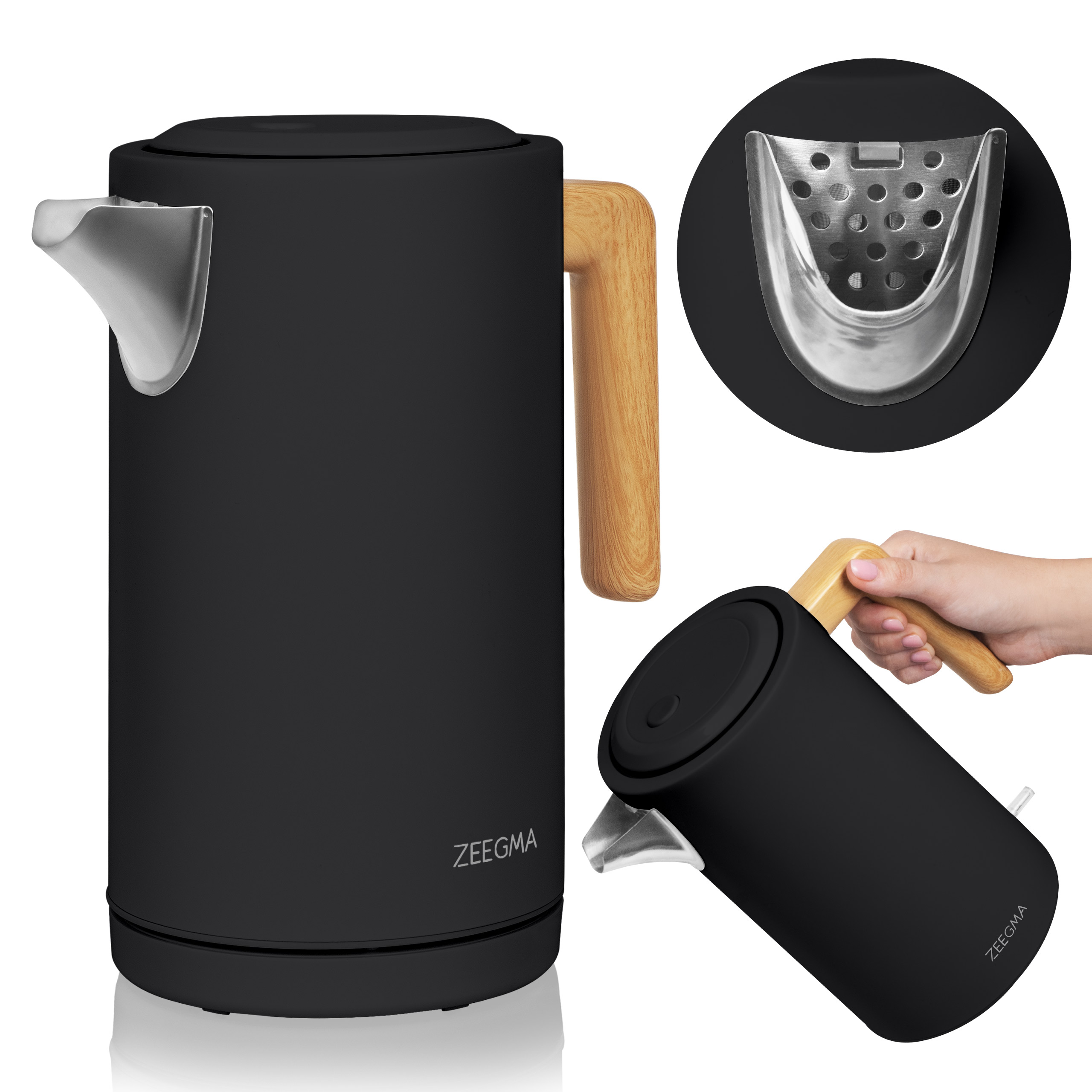 Czarny czajnik elektryczny z drewnianym uchwytem i wylewką. Zbliżenie na szczegóły filtra i uchwytu.