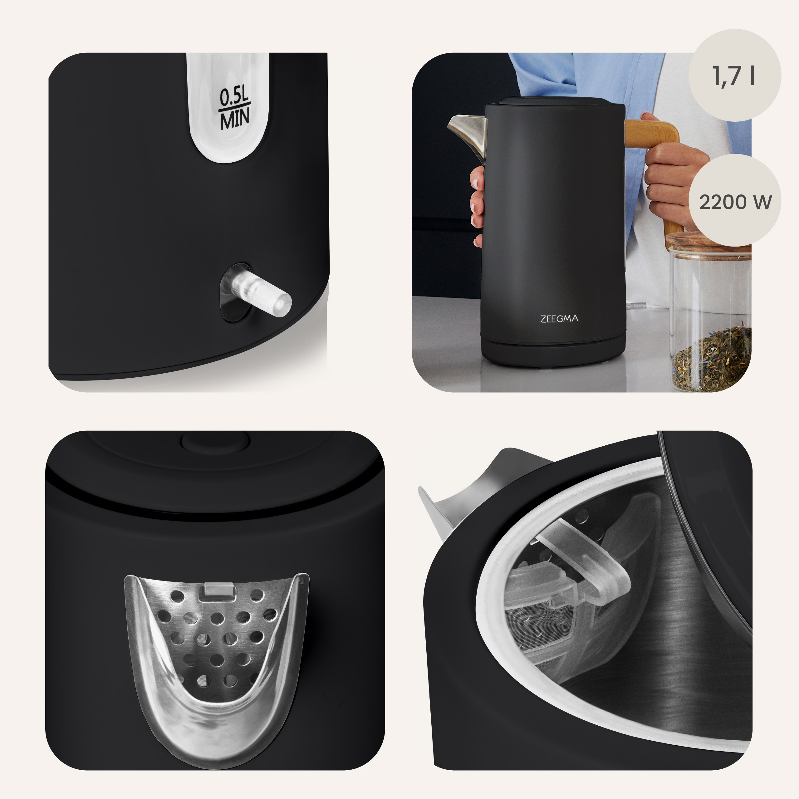 Czarny czajnik elektryczny ze szczegółami, osoba trzymająca go i słoik herbaty.