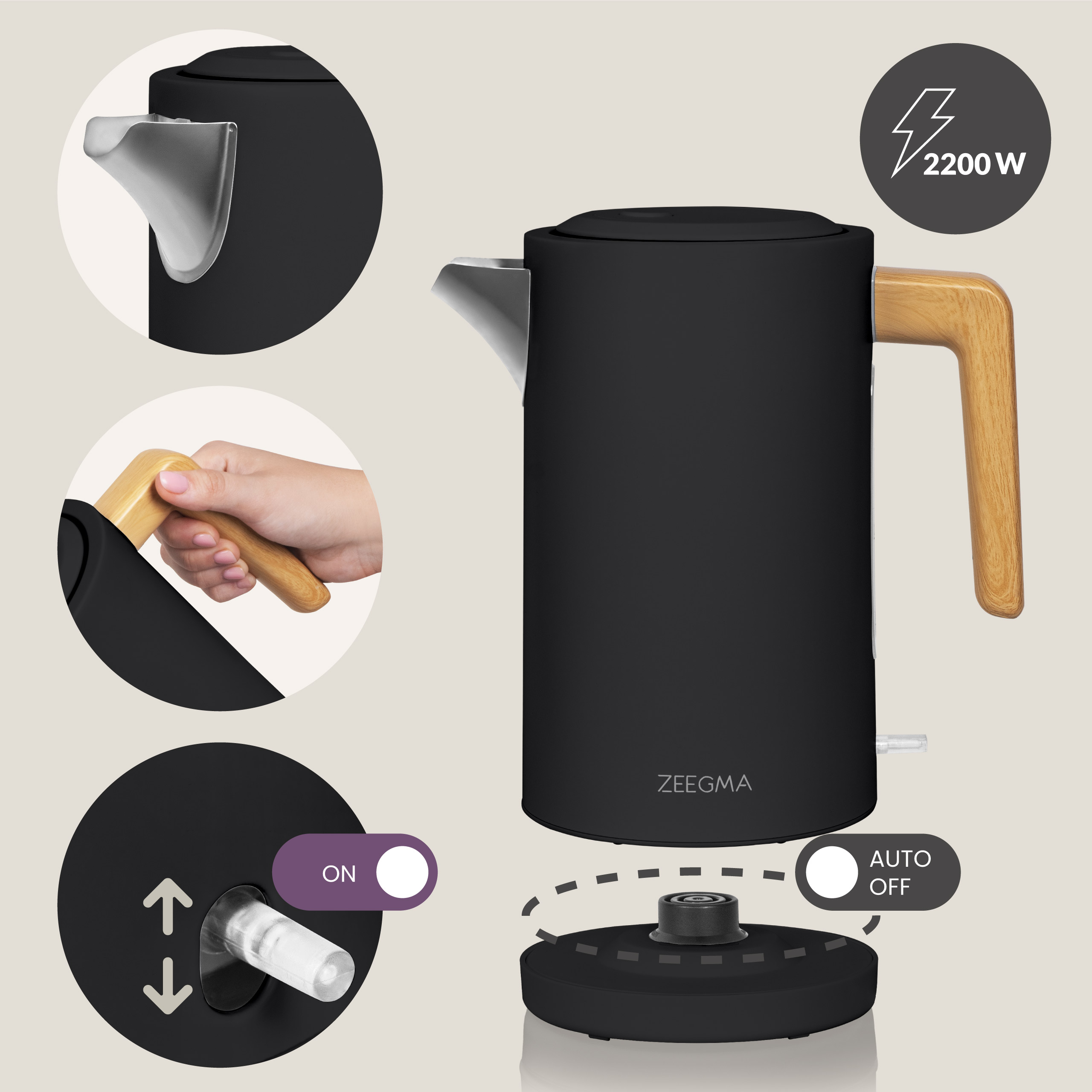 Czarny czajnik elektryczny z drewnianym uchwytem. Szczegóły wylewki, uchwytu i podstawy.