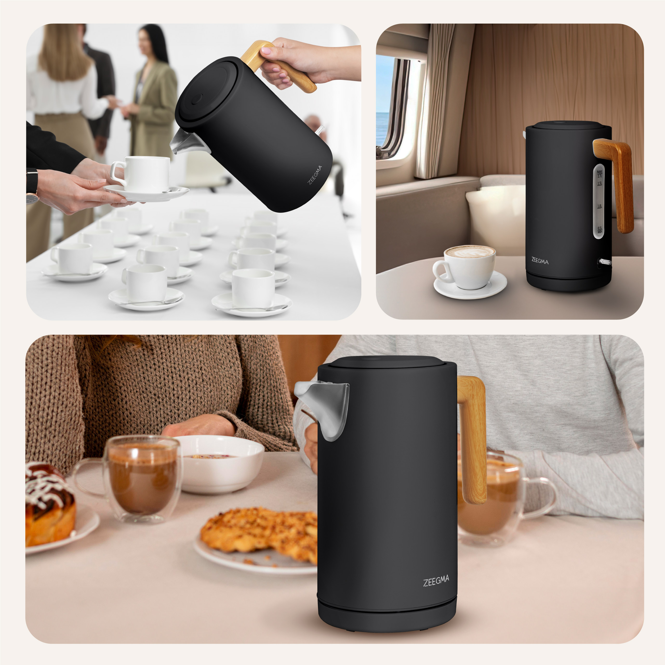 Czarny czajnik elektryczny z drewnianym uchwytem, pokazany w wielu scenariuszach z ludźmi i jedzeniem.