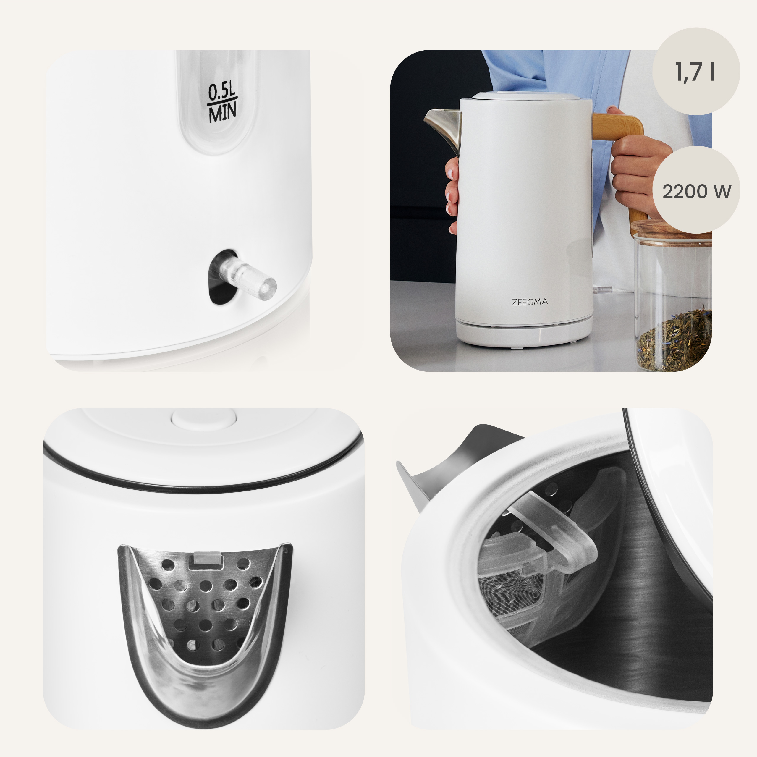 Kolaż białego czajnika elektrycznego w użyciu; pokazuje szczegóły wylewki, wnętrza i osobę trzymającą go.