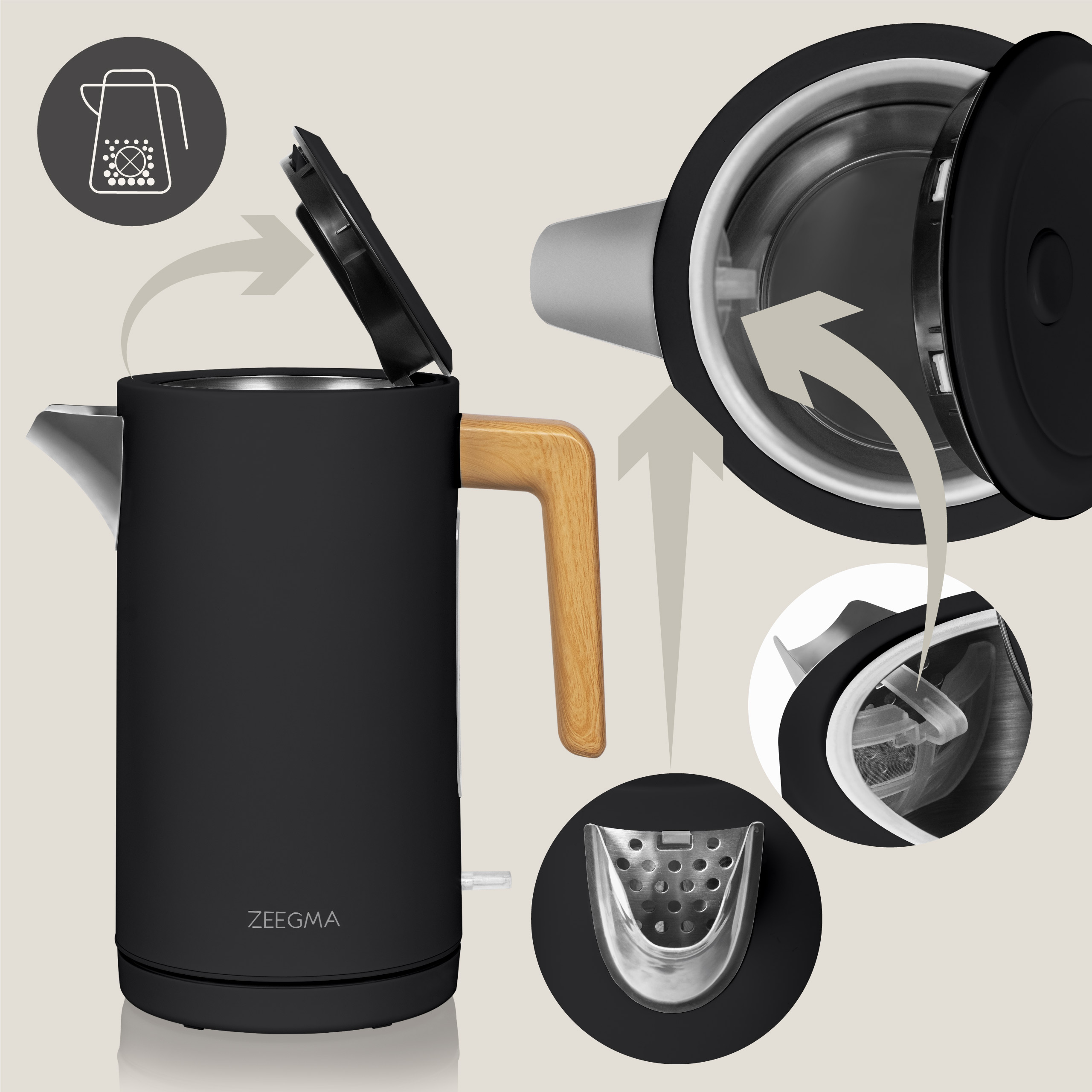 Czarny czajnik elektryczny z drewnianym uchwytem. Otwarta pokrywa ukazuje wnętrze. Schemat części.