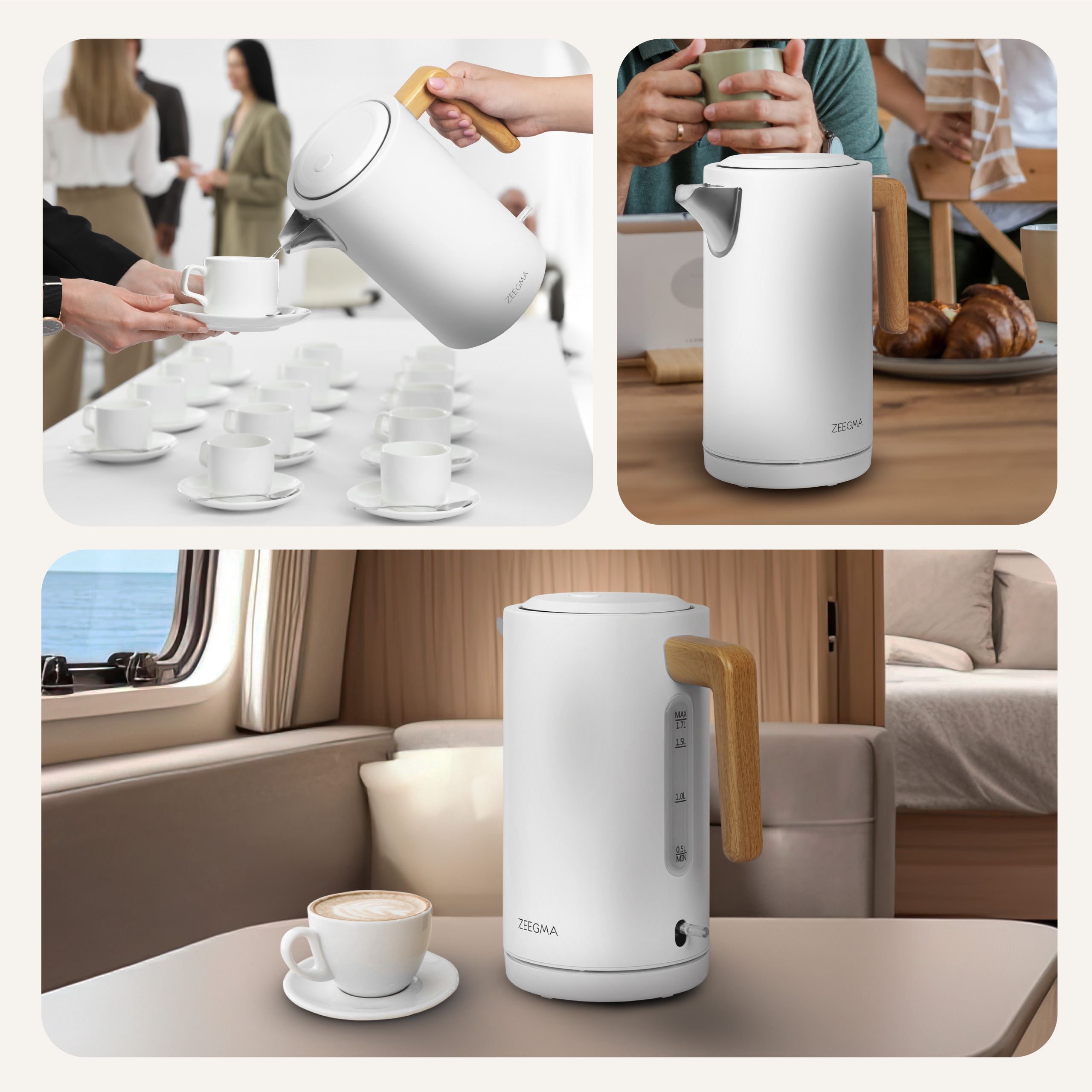 Biały czajnik elektryczny z drewnianym uchwytem, używany w wielu ustawieniach.