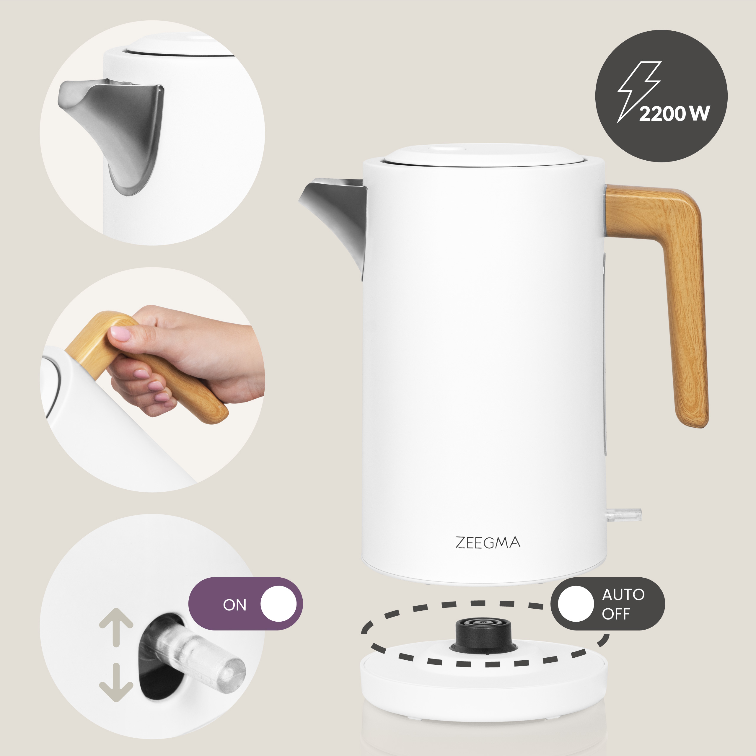 Biały czajnik elektryczny z drewnianym uchwytem i detalami. Pokazano kilka zbliżeń.