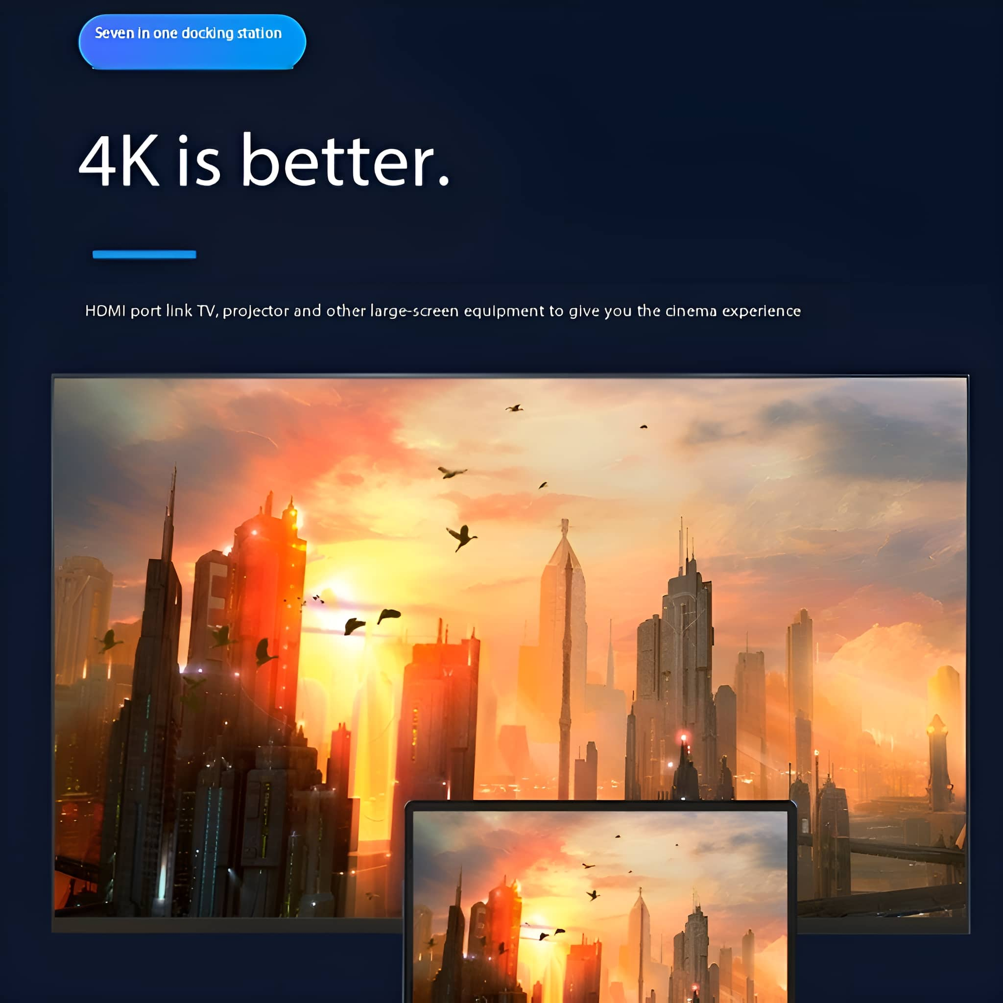 Ein Display mit einer Skyline, darunter ein Laptop und fliegende Vögel. Dunkelblauer Hintergrund.