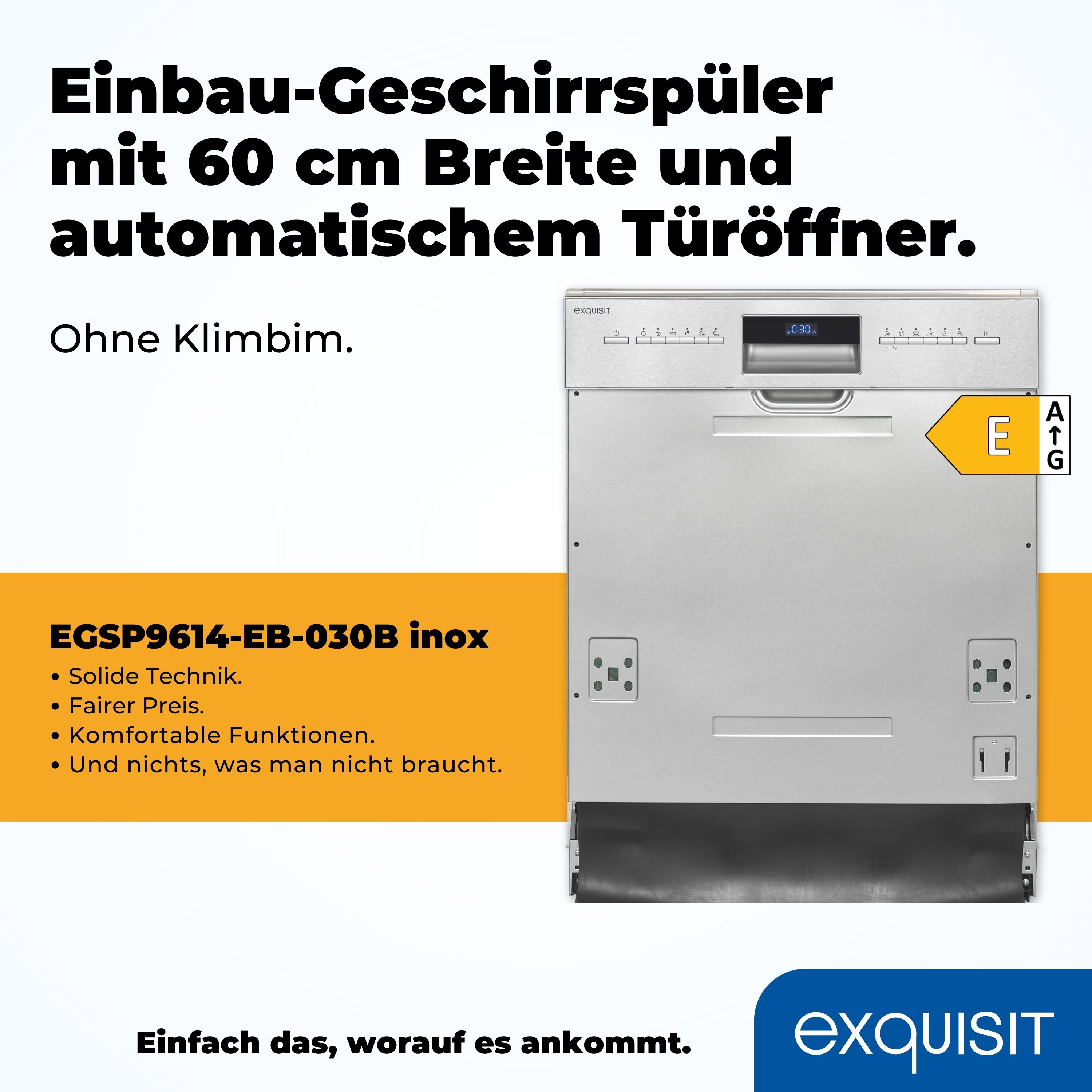 Einbau-Geschirrspüler aus Edelstahl mit automatischem Türöffner, in weiß-silbernem Design.