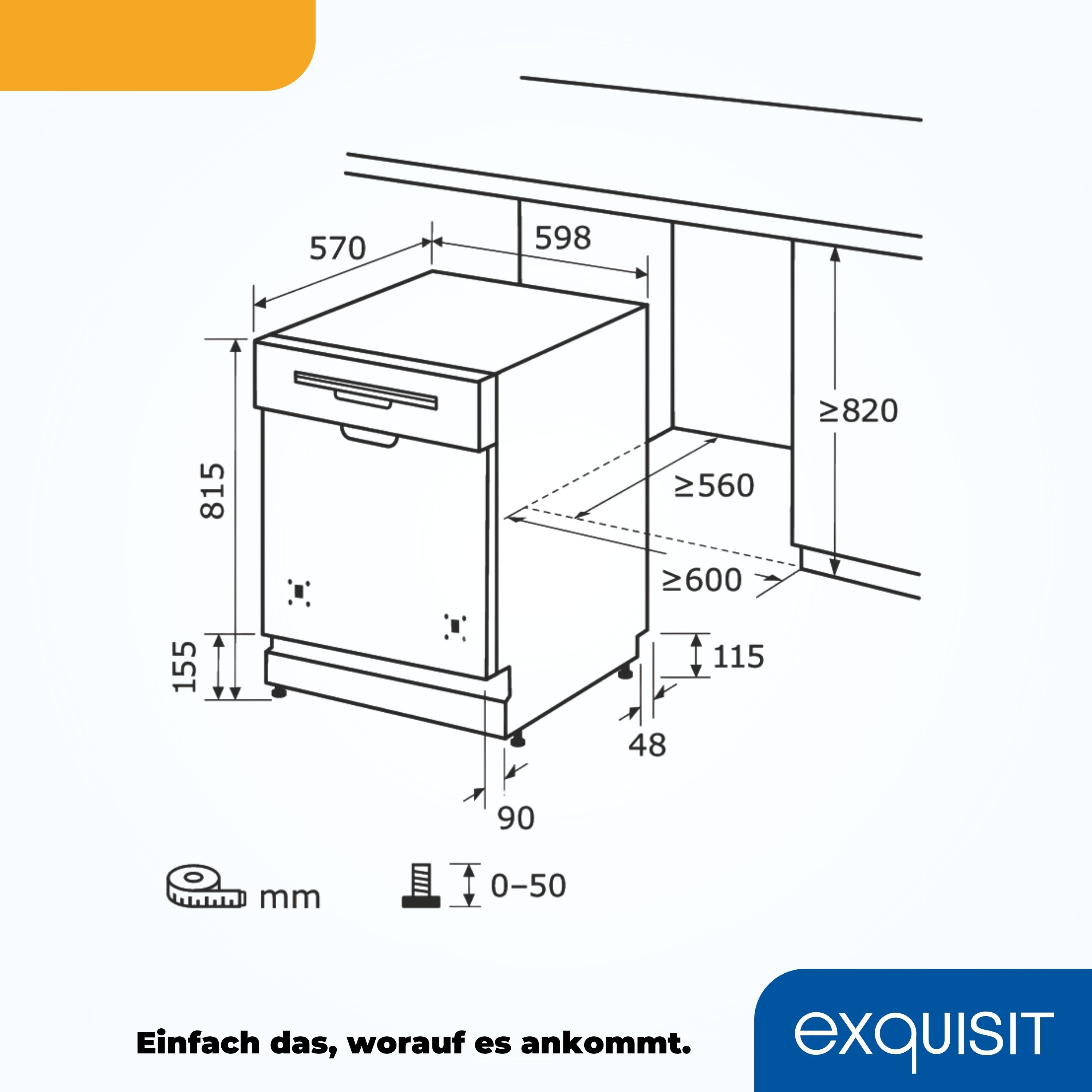 Diagramm eines Geschirrspülers. Abmessungen und Maße sind in mm beschriftet.