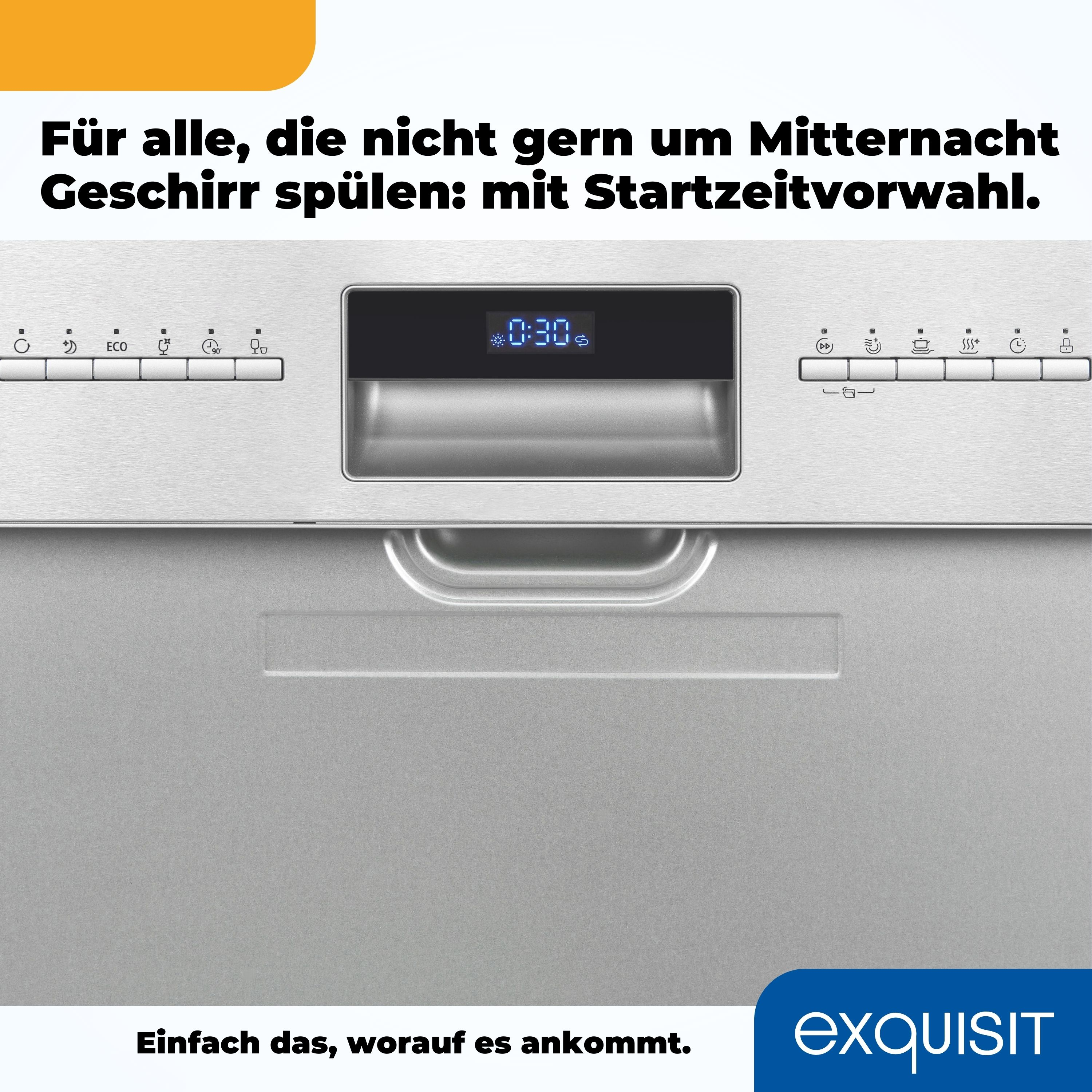 Geschirrspüler-Bedienfeld. Text: Für alle, die nicht gern um Mitternacht Geschirr spülen.