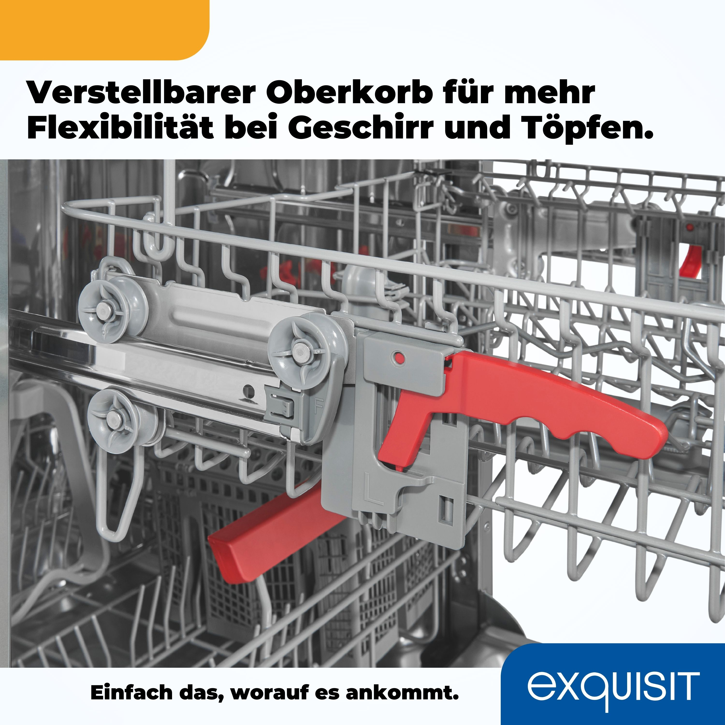 Geschirrspüler-Innenraum. Ein roter Hebel ist sichtbar. Text sagt: 'Verstellbarer Oberkorb'.